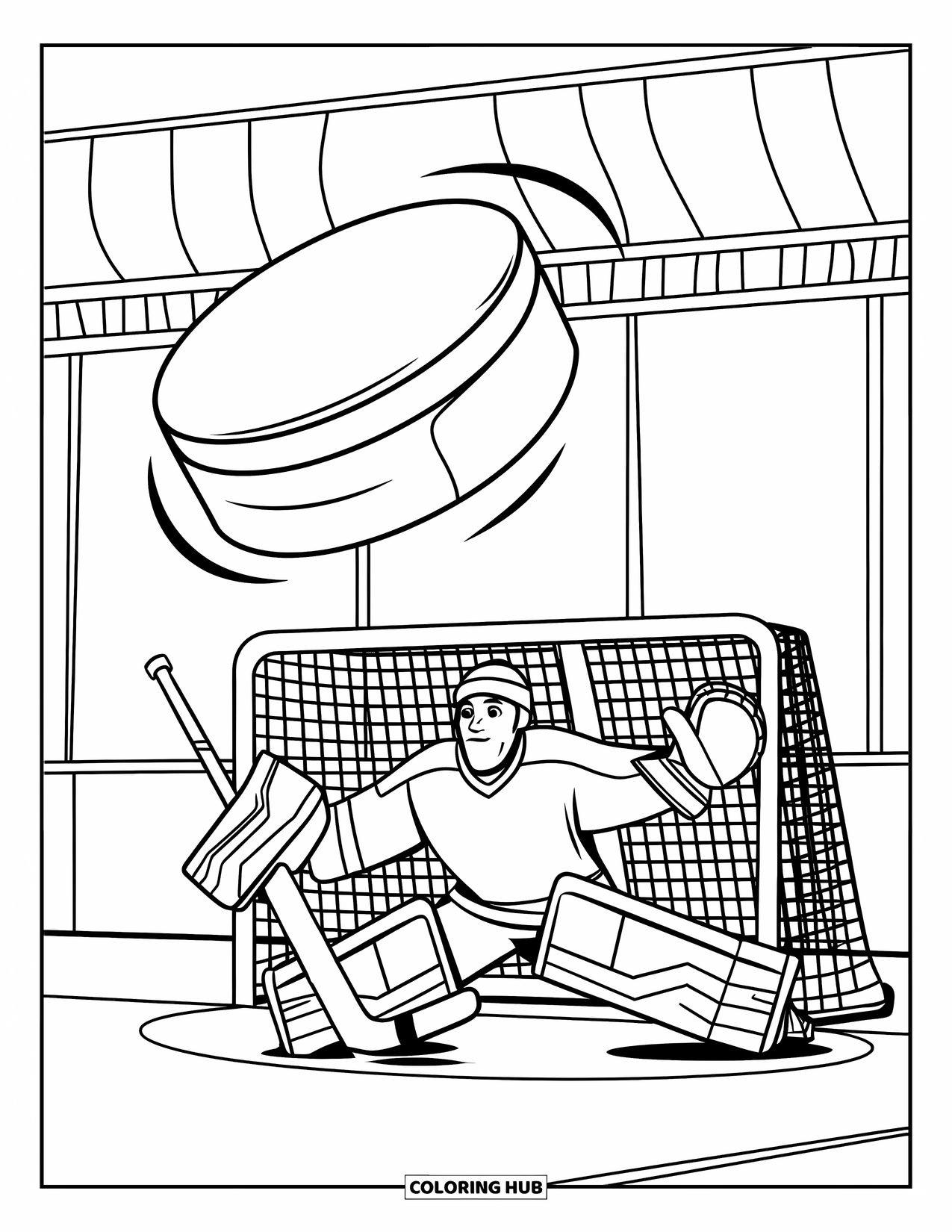 Hockey Coloring Page for Kids: A goalie leaps to save a flying puck as the goal waits behind him