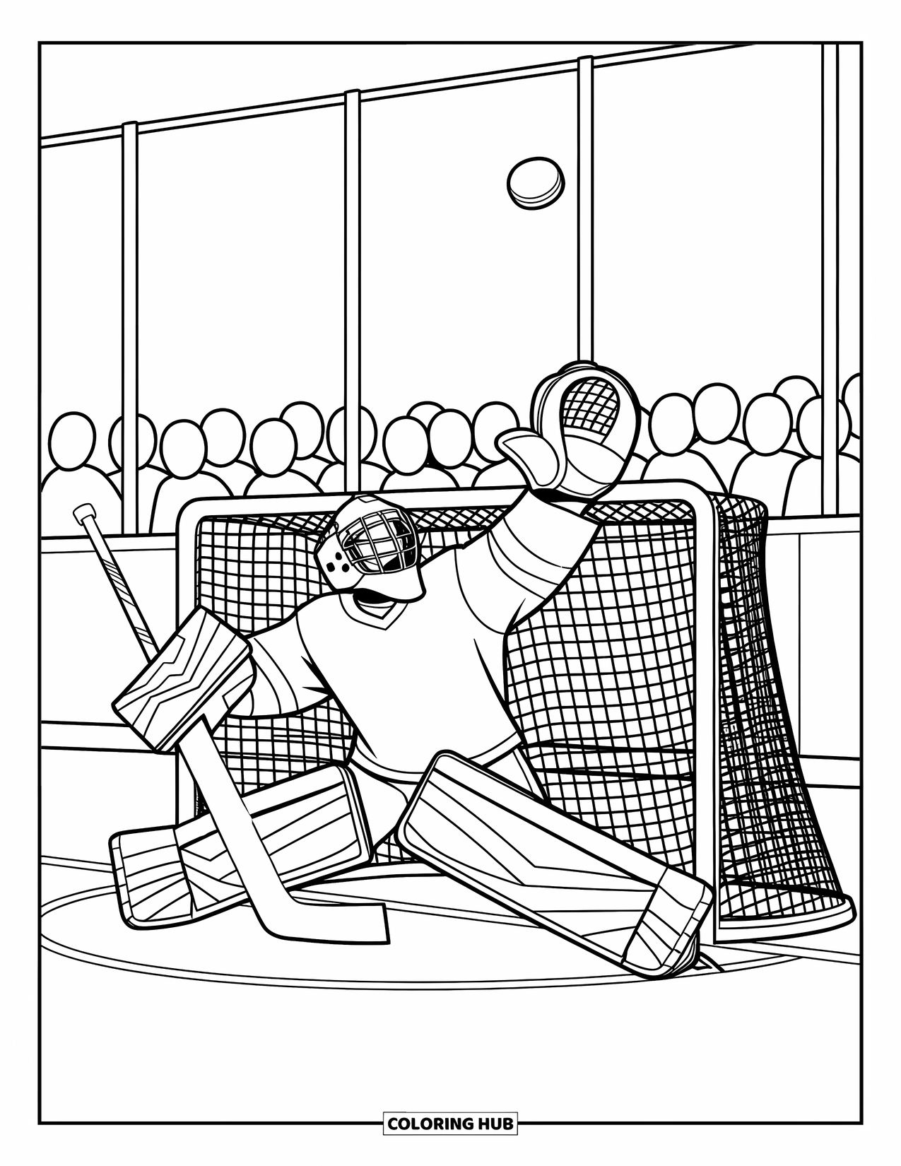 Hockey Coloring Page for Kids: A goalie reaches for a high puck on the rink as fans cheer in the background