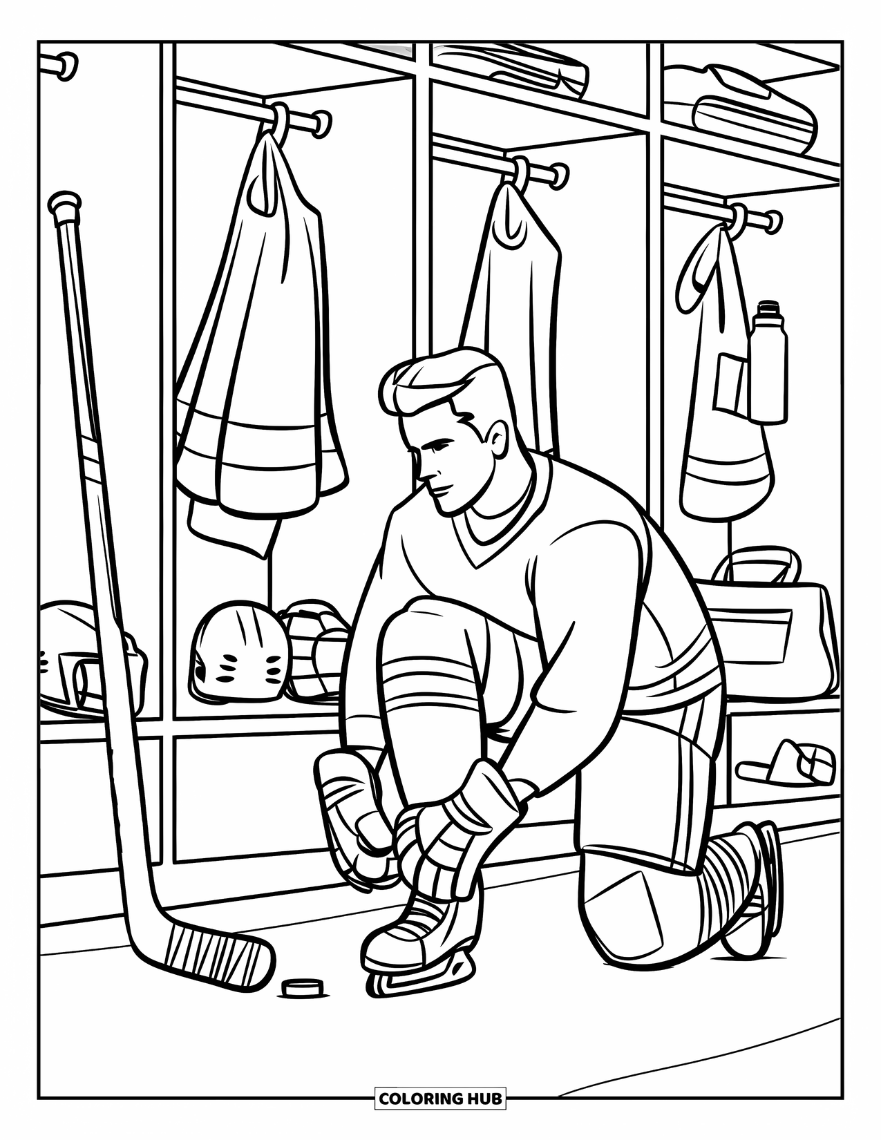 Hockey Coloring Page for Kids: A goalie ties his shoes beside a locker and scattered gear in the room