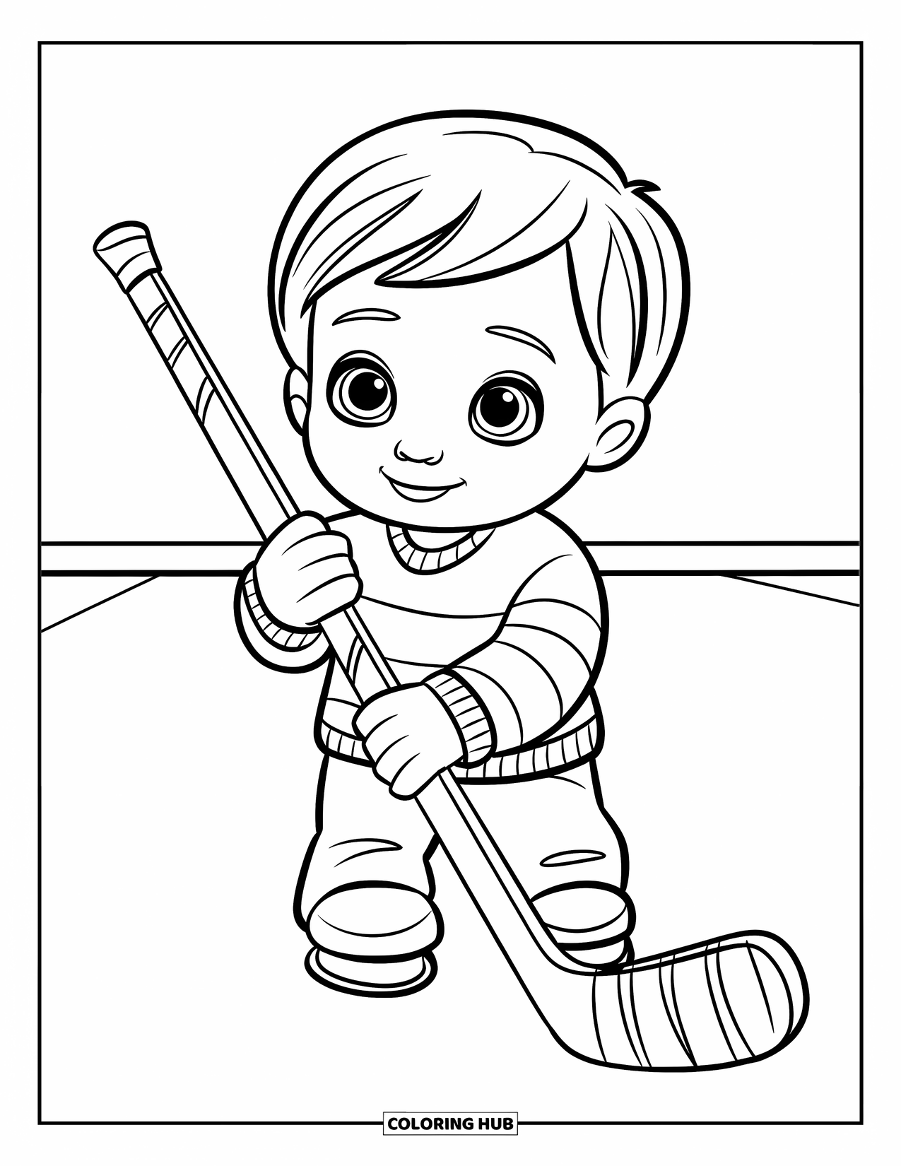 Hockey Coloring Page for Kids: A happy child holds a tall stick between their feet on a quiet rink