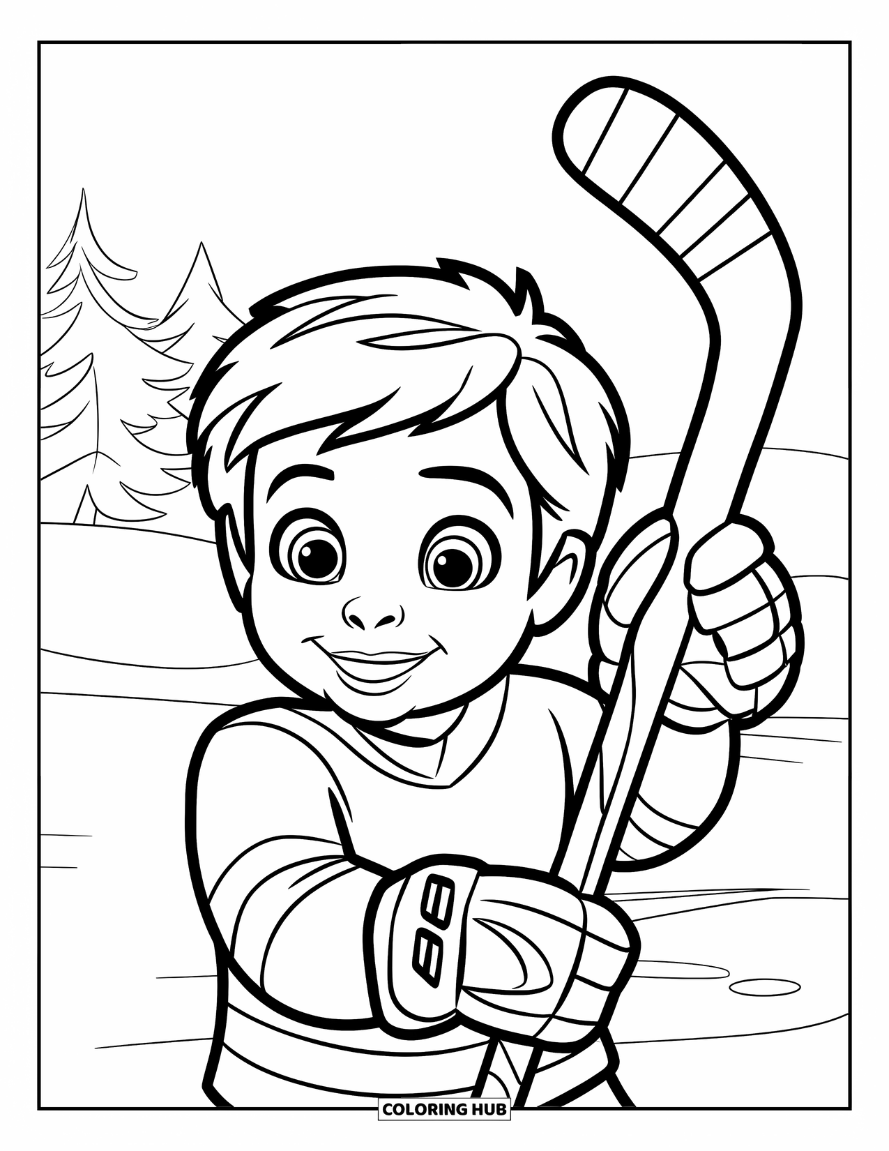 Hockey Coloring Page for Kids: A happy child waves with a hockey stick near trees and snowy ground