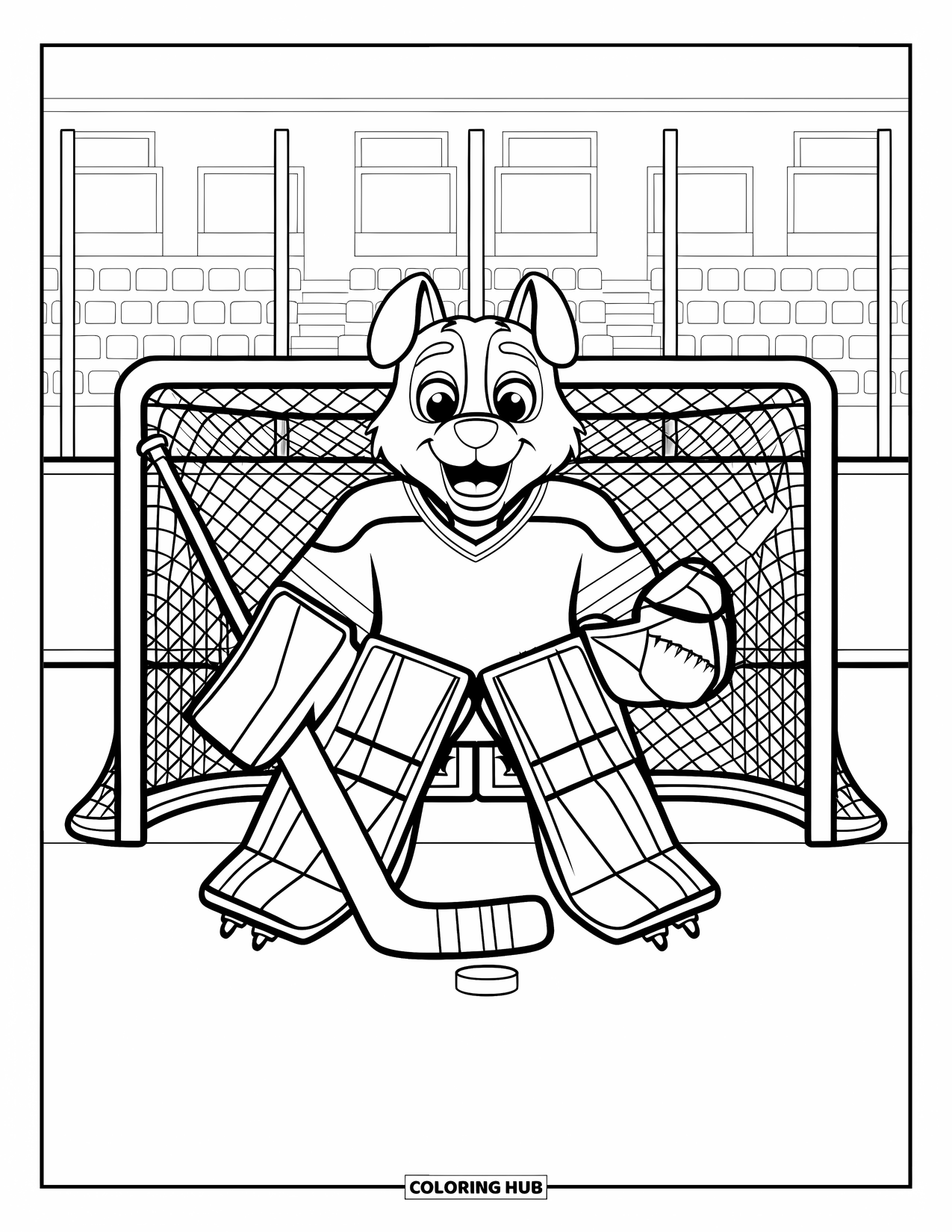 Hockey Coloring Page for Kids: A happy dog goalie guards the net with gear nearby and stands behind him