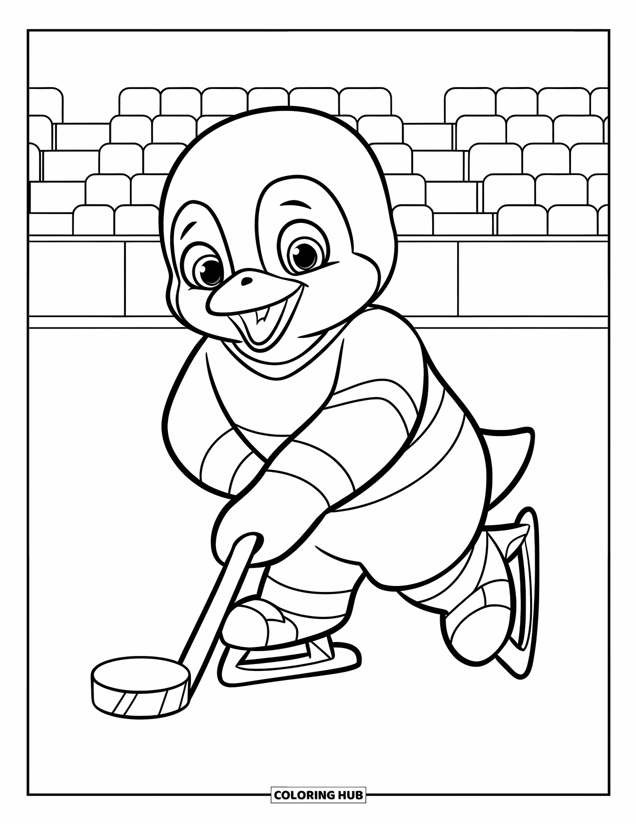 Hockey Coloring Page for Kids: A happy penguin glides on the ice with a puck and a big smile