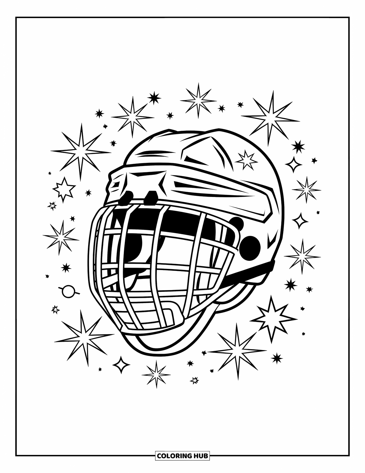 Hockey Coloring Page for Kids: A helmet glows with sparkles and stars floating all around it