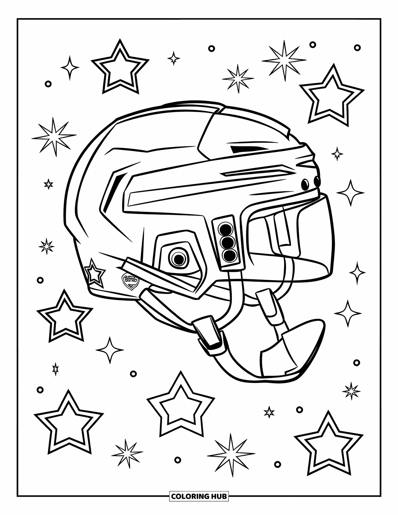 Hockey Coloring Page for Kids: A helmet shines with stars falling gently through the sky around it
