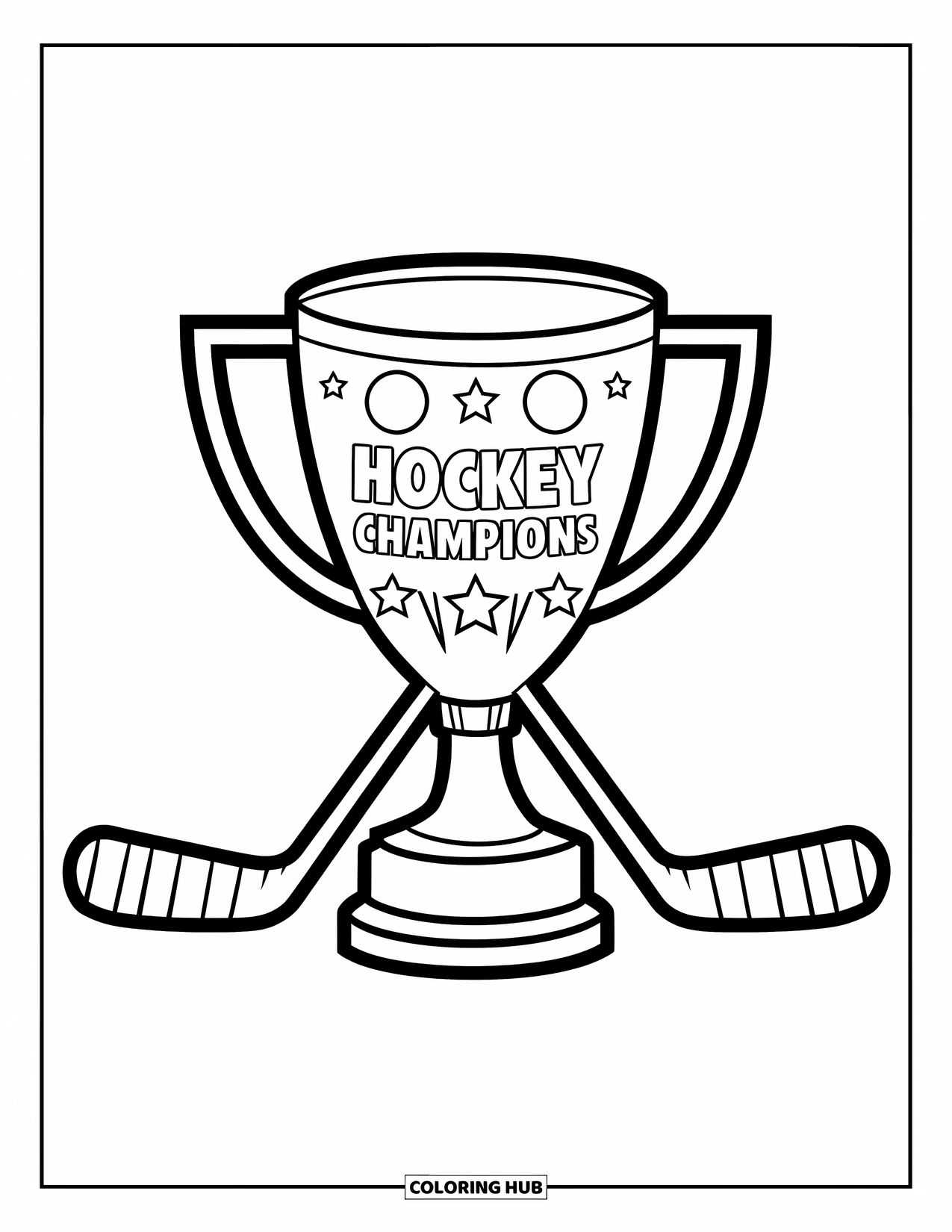 Hockey Coloring Page for Kids: A “Hockey Champions” trophy stands with two sticks resting against it
