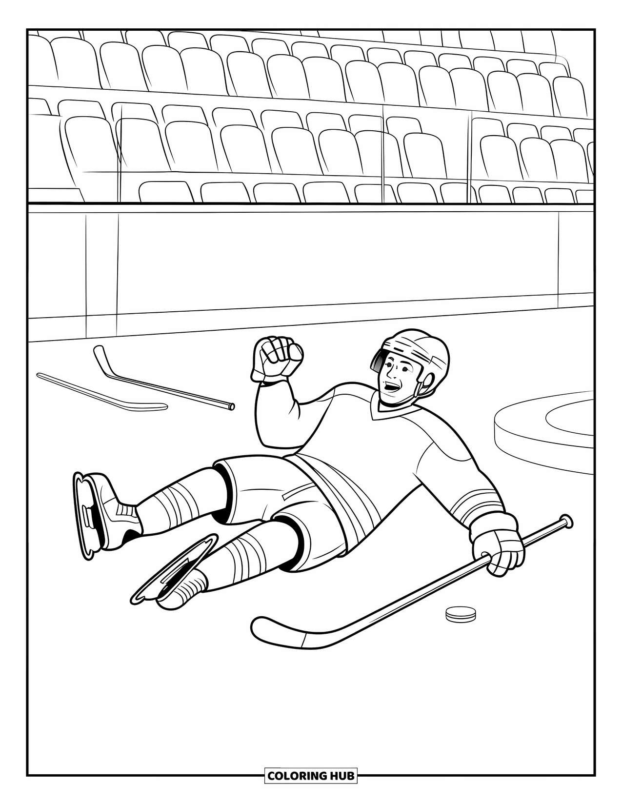 Hockey Coloring Page for Kids: A hockey player celebrates a goal with a slide near sticks, a puck, and the stands