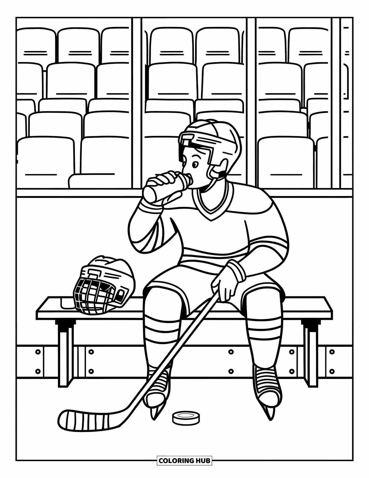 Hockey Coloring Page for Kids: A hockey player rests near a helmet, stick, and puck by the arena seats