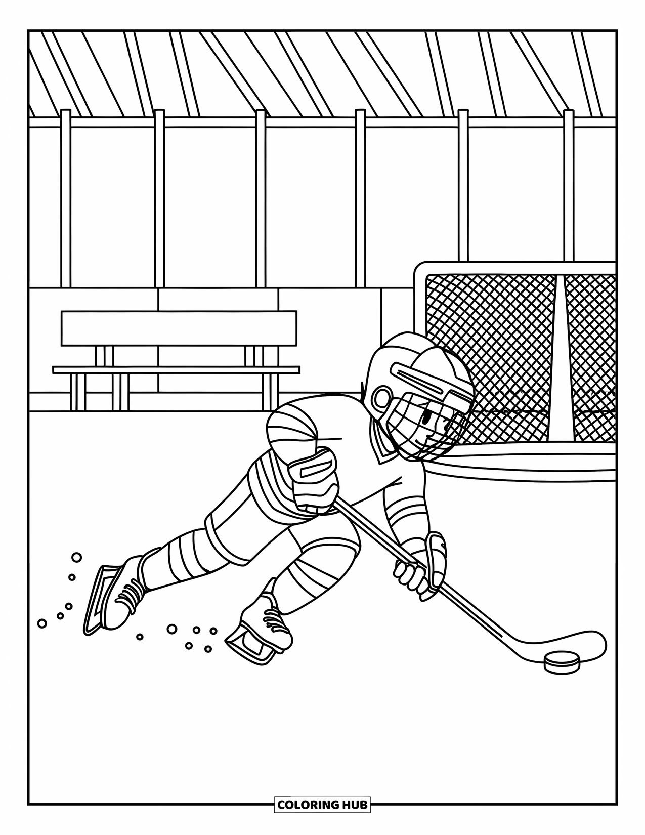 Hockey Coloring Page for Kids: A hockey player slides on the ice with a stick near benches and a goalpost