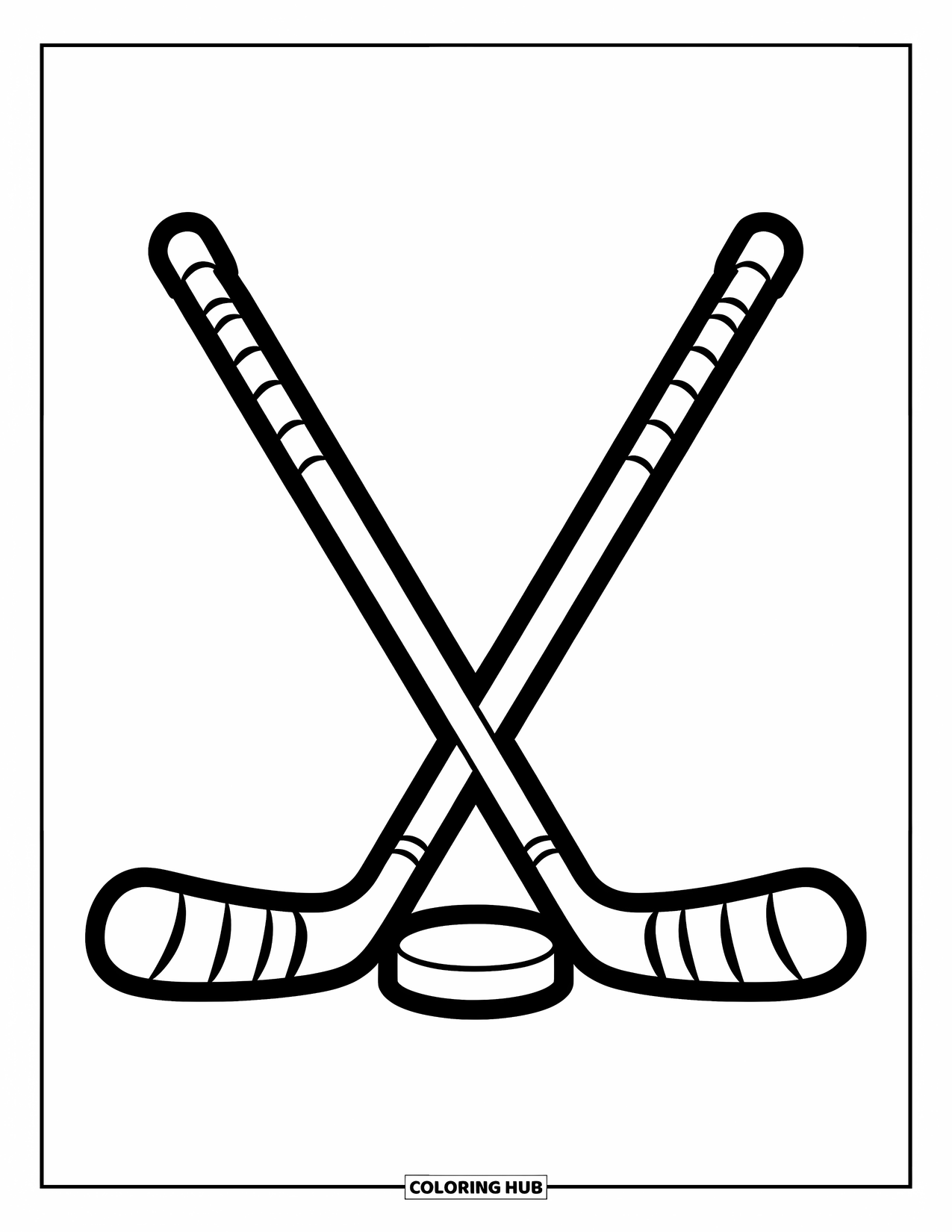 Hockey Coloring Page for Kids: A hockey stick stands upright with a puck in the middle on a clean surface