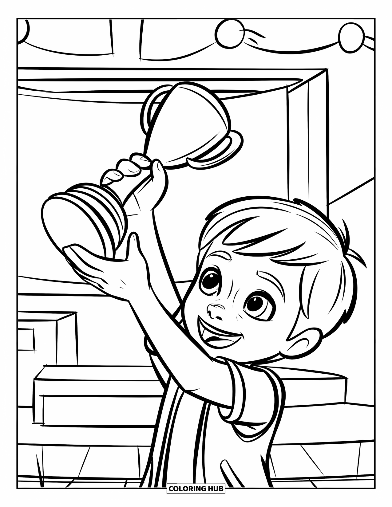 Hockey Coloring Page for Kids: A kid lifts a mini trophy with joy near a podium and banner