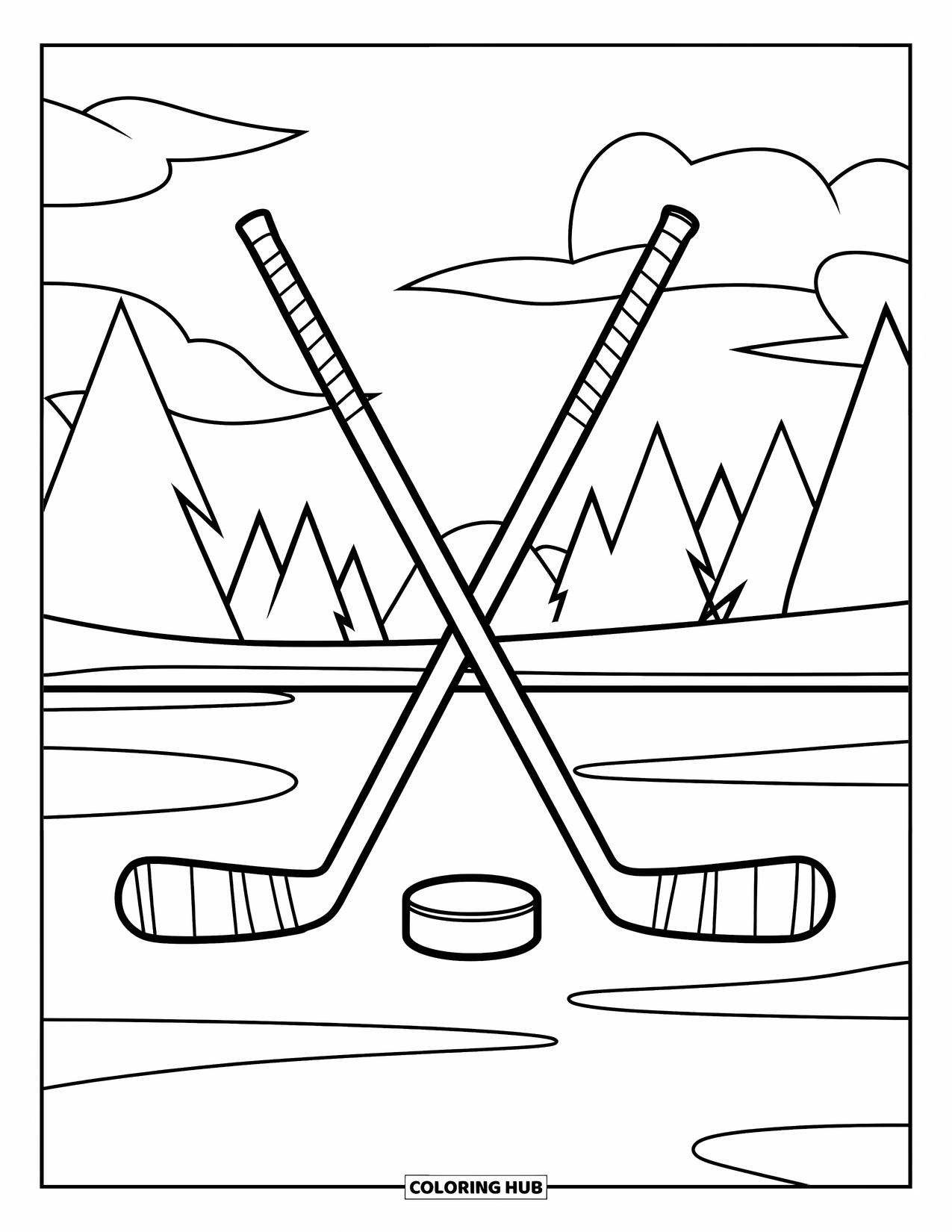 Hockey Coloring Page for Kids: A large hockey stick and puck rest on a snowy field with trees and clouds