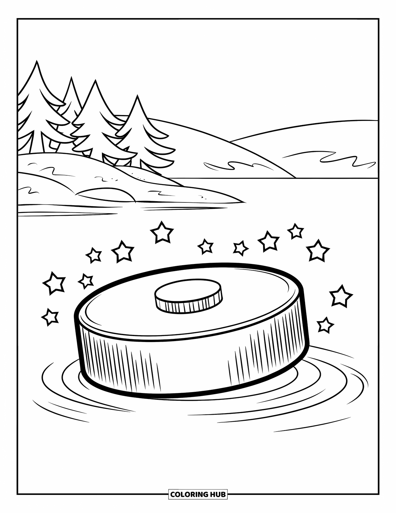 Hockey Coloring Page for Kids: A large puck rests on a frozen lake with stars above and trees on the shore