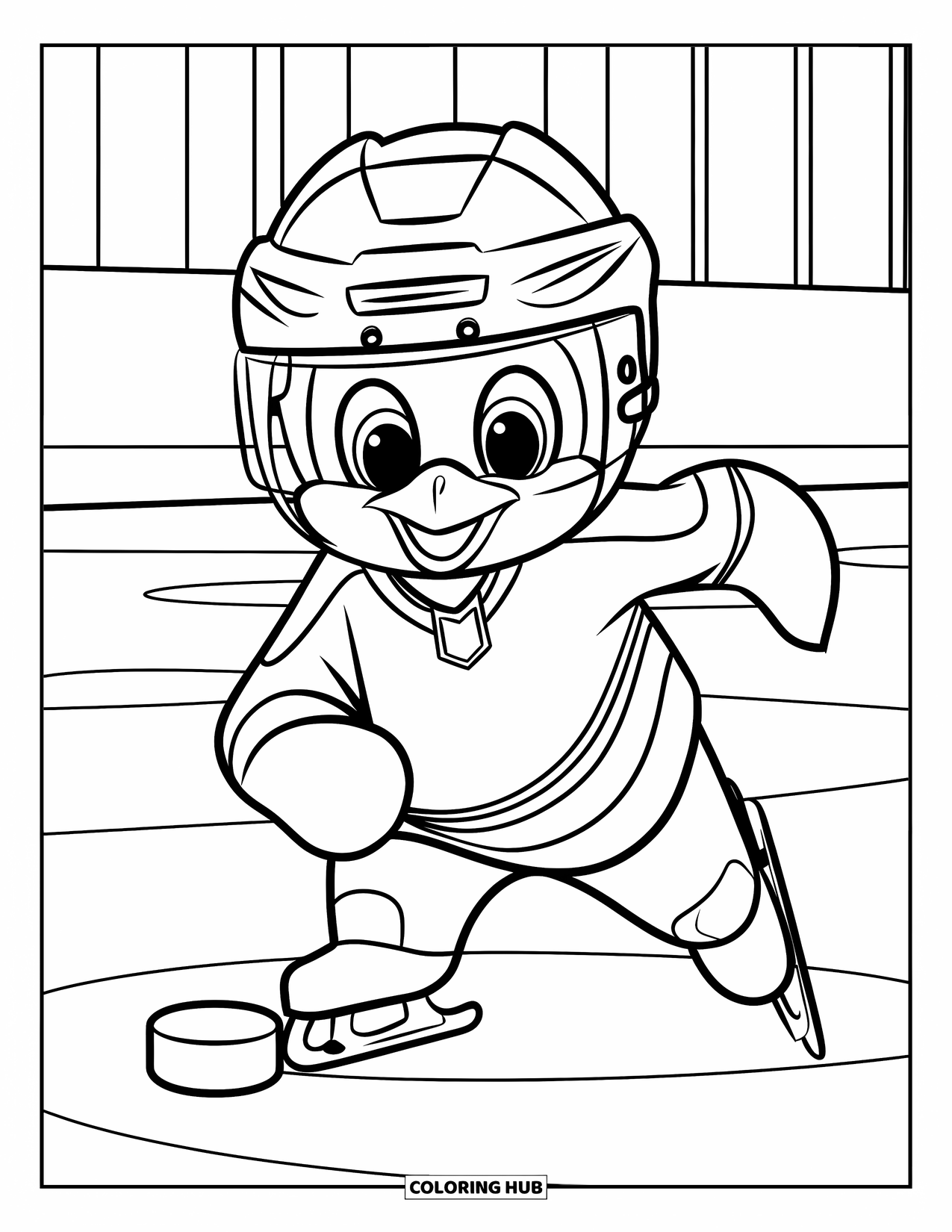Hockey Coloring Page for Kids: A penguin in a jersey and helmet skates on the rink with a puck nearby