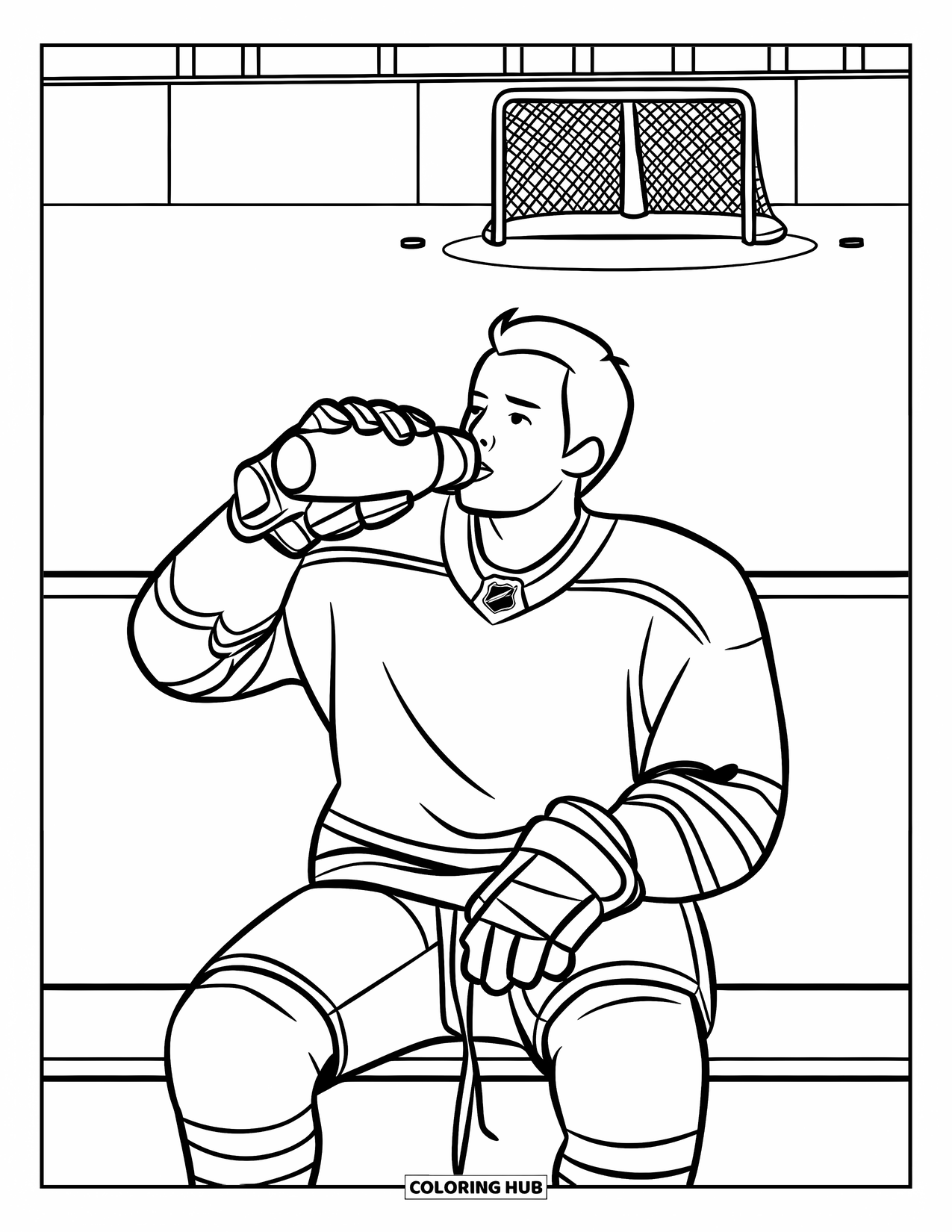 Hockey Coloring Page for Kids: A player drinks water on the bench near a net and a quiet rink