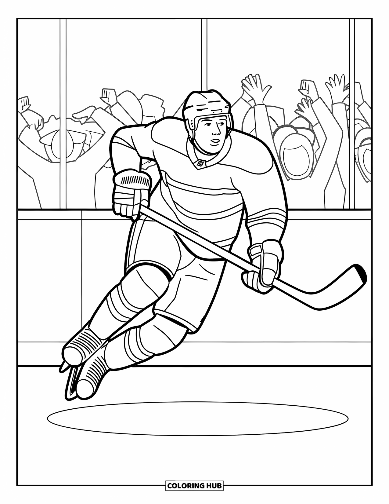 Hockey Coloring Page for Kids: A player lifts off the ice in celebration as the crowd cheers in the background