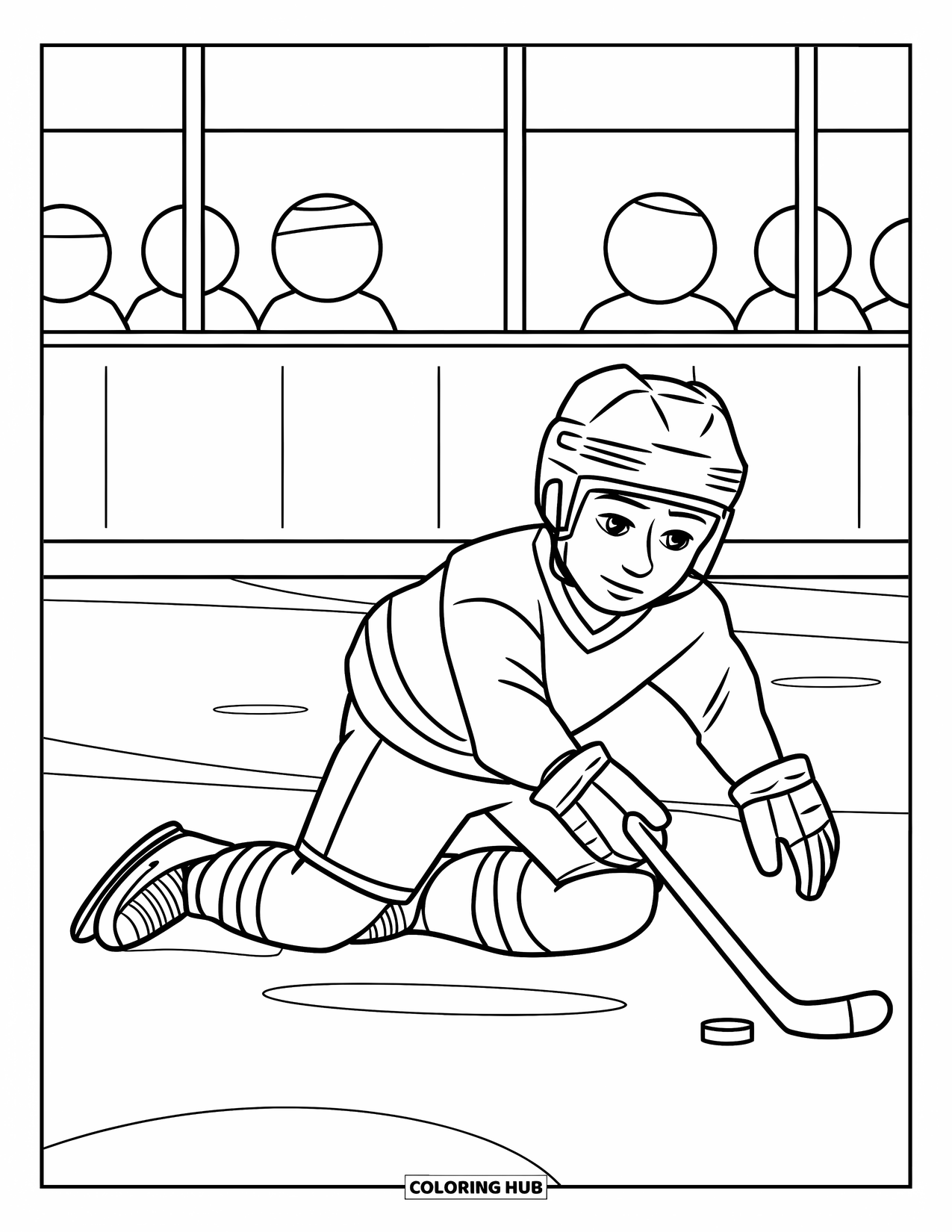 Hockey Coloring Page for Kids: A player slides across the ice, aiming to shoot near the blue lines