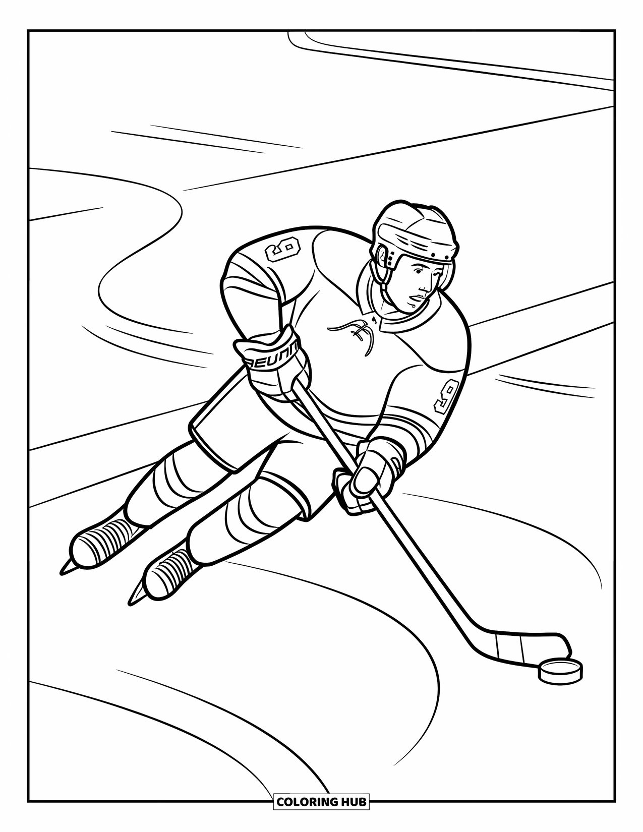 Hockey Coloring Page for Kids: A player wearing number 9 slides toward the puck near marked lines on the ice