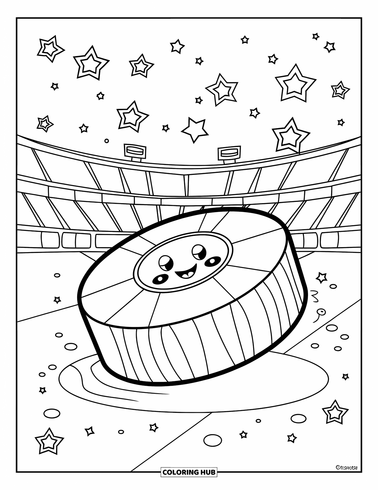 Hockey Coloring Page for Kids: A puck sits on shiny ice as smiling stars float near stadium seats