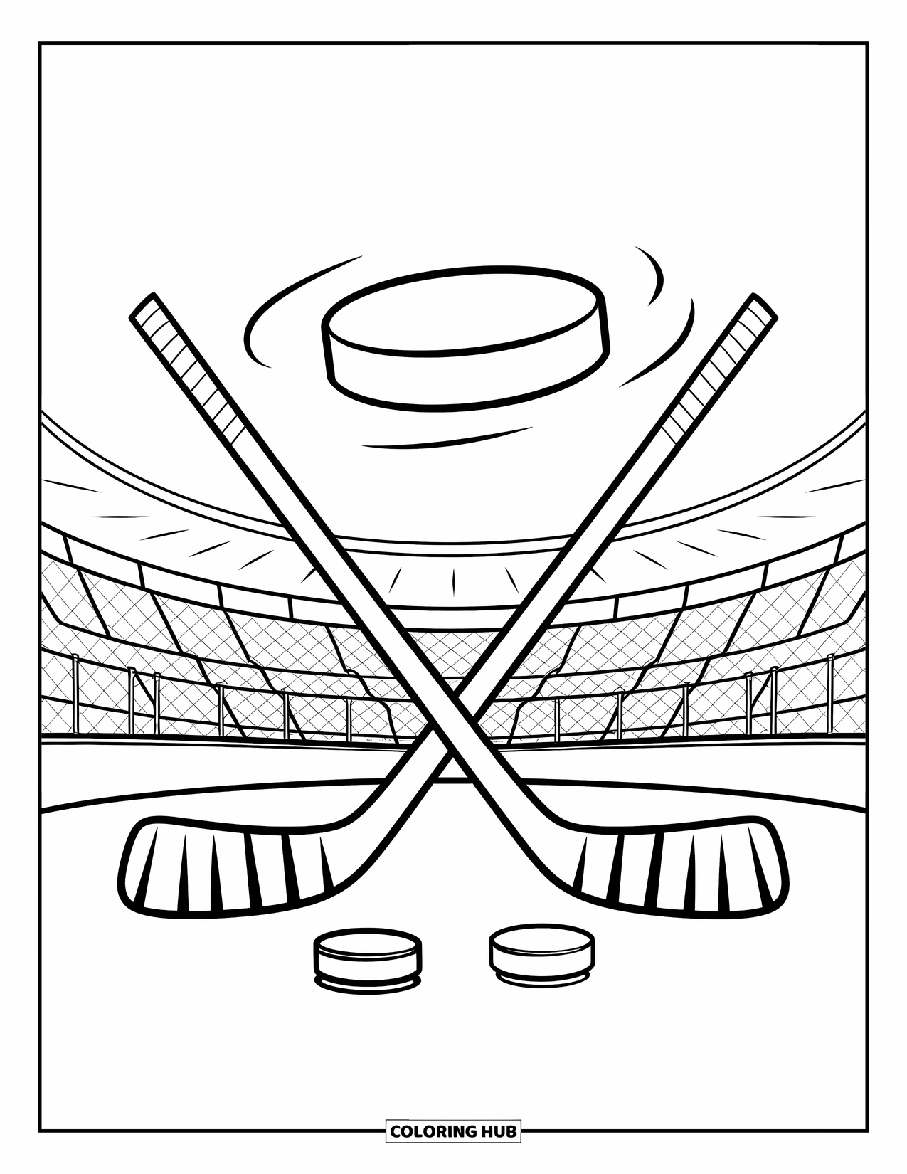 Hockey Coloring Page for Kids: A puck soars past crossed sticks with stadium seats in the background