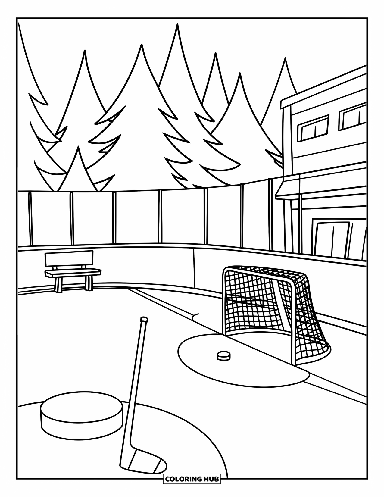 Hockey Coloring Page for Kids: A puck, stick, and goal sit on a rink with benches and trees in the background