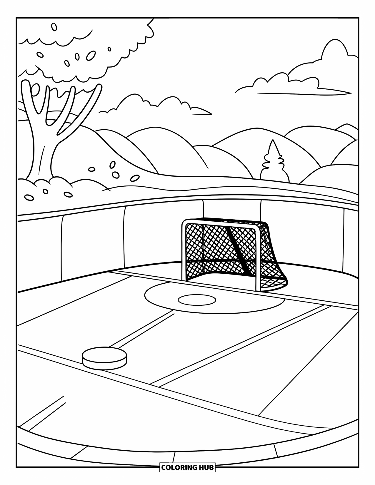 Hockey Coloring Page for Kids: A puck, stick, and goal sit on a snowy rink with mountains and clouds in the distance