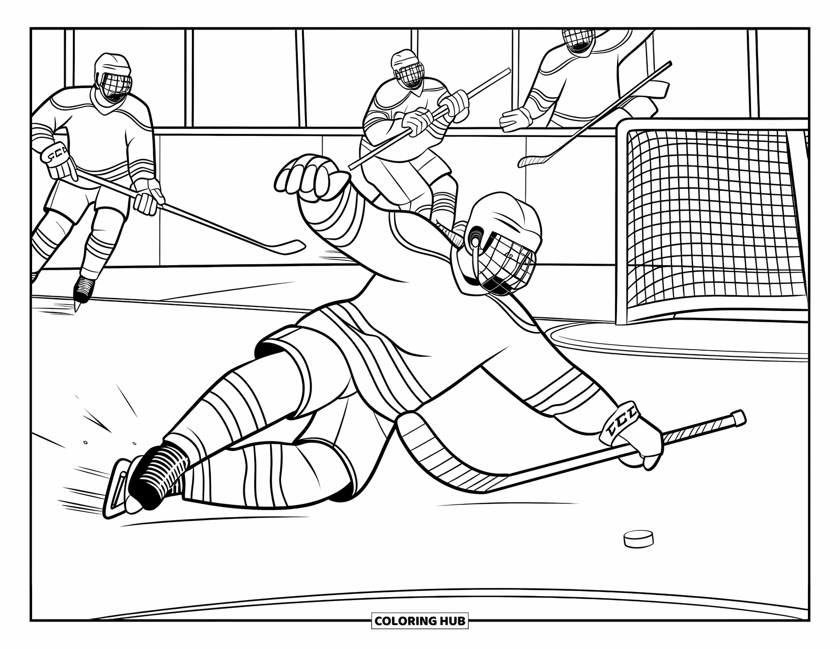 Hockey Coloring Page for Kids: A sliding player blocks a shot with teammates and the goal behind them