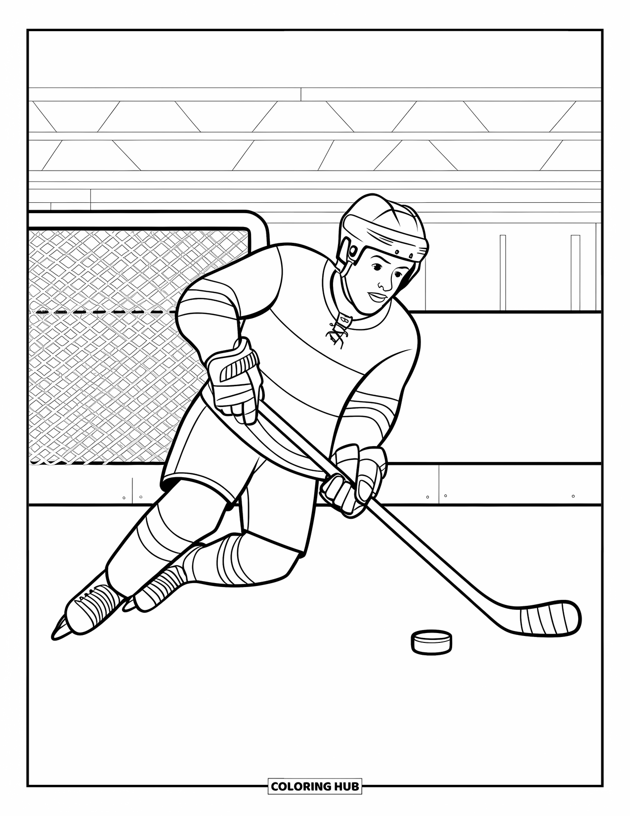 Hockey Coloring Page for Kids: A sliding player lines up a shot near the goal and stadium seats
