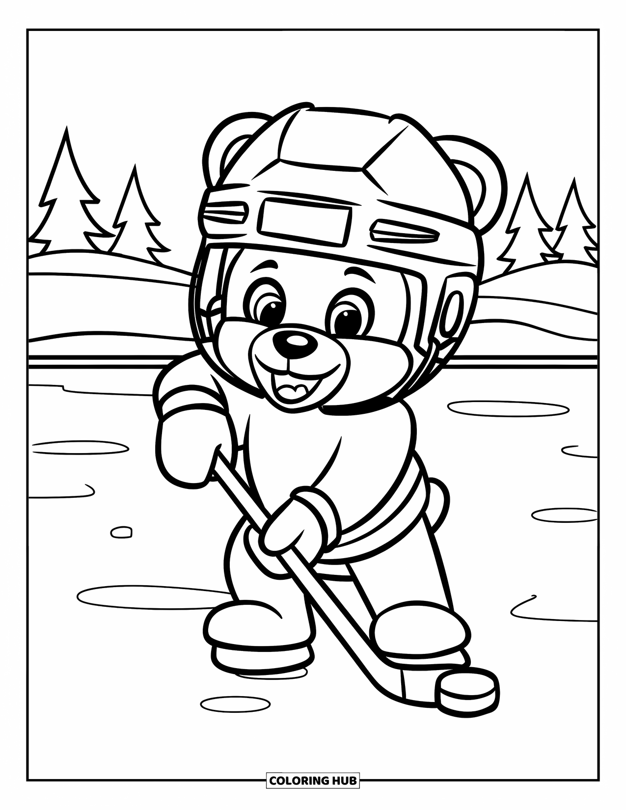 Hockey Coloring Page for Kids: A smiling bear in a helmet holds a stick on a snowy field with trees behind