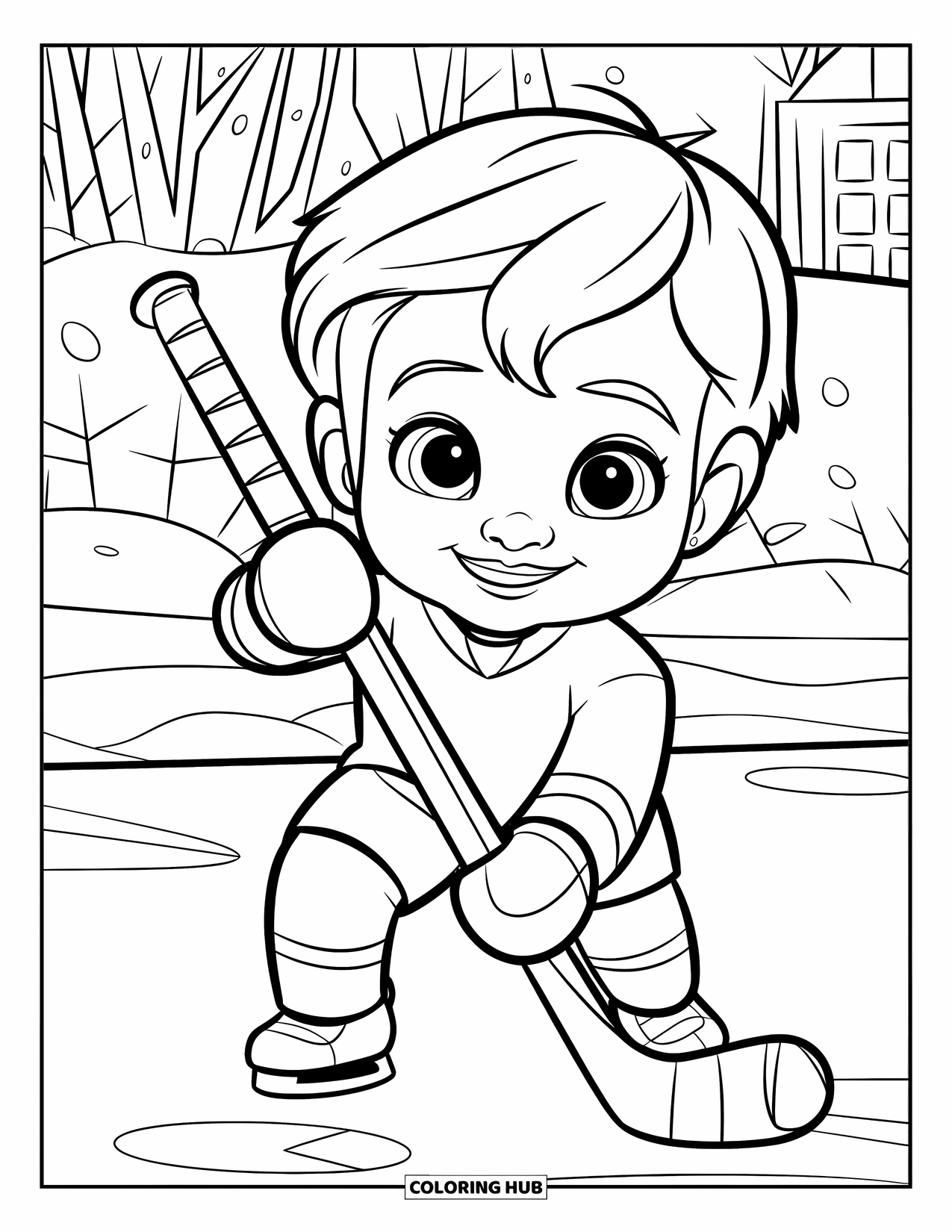 Hockey Coloring Page for Kids: A smiling child holds a huge hockey stick in a snowy scene with trees and a building