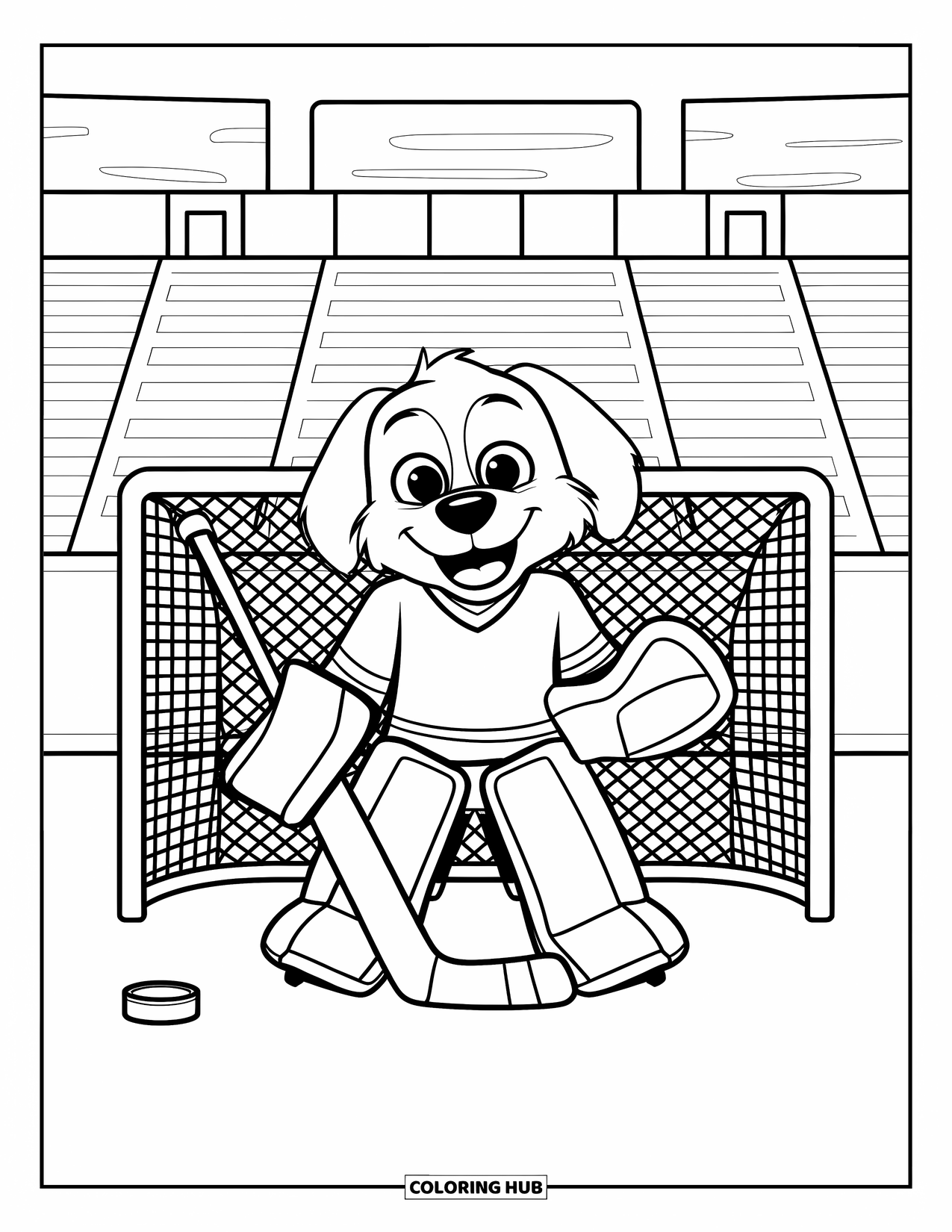 Hockey Coloring Page for Kids: A smiling dog goalie stands in gear near the net and a stadium full of fans