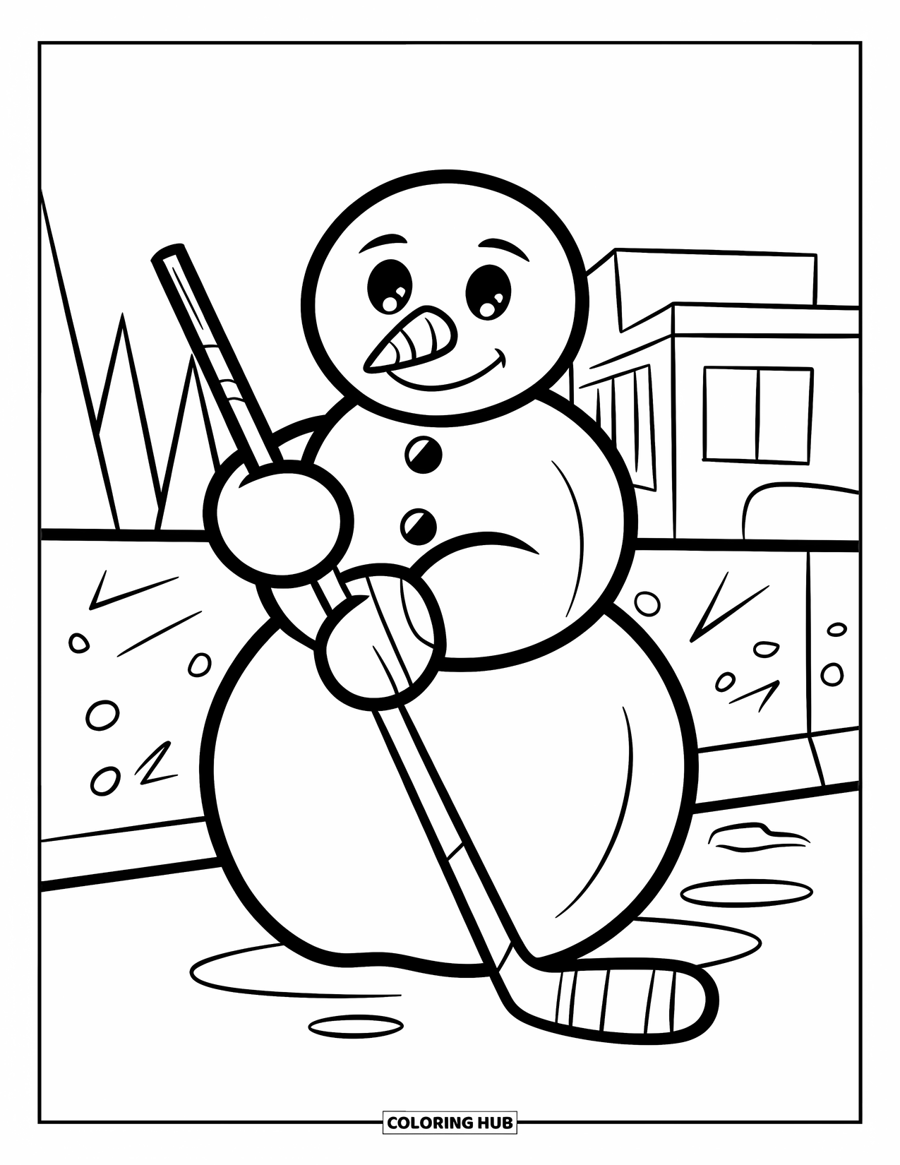 Hockey Coloring Page for Kids: A smiling snowman with a stick stands on ice near trees and a small building