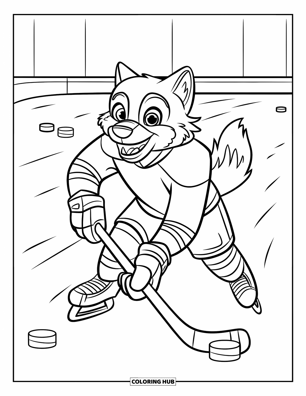 Hockey Coloring Page for Kids: A smiling wolf skates forward in full gear on a snowy field near a hockey rink