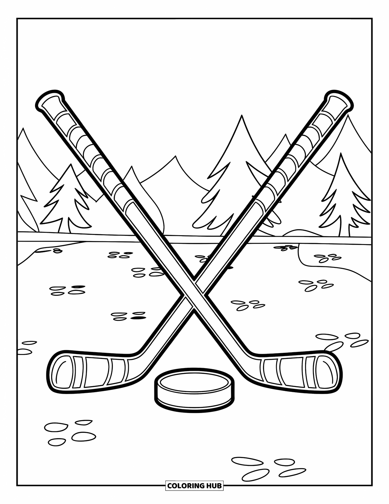 Hockey Coloring Page for Kids: A stick and puck sit on snowy ground with footprints and trees in the background