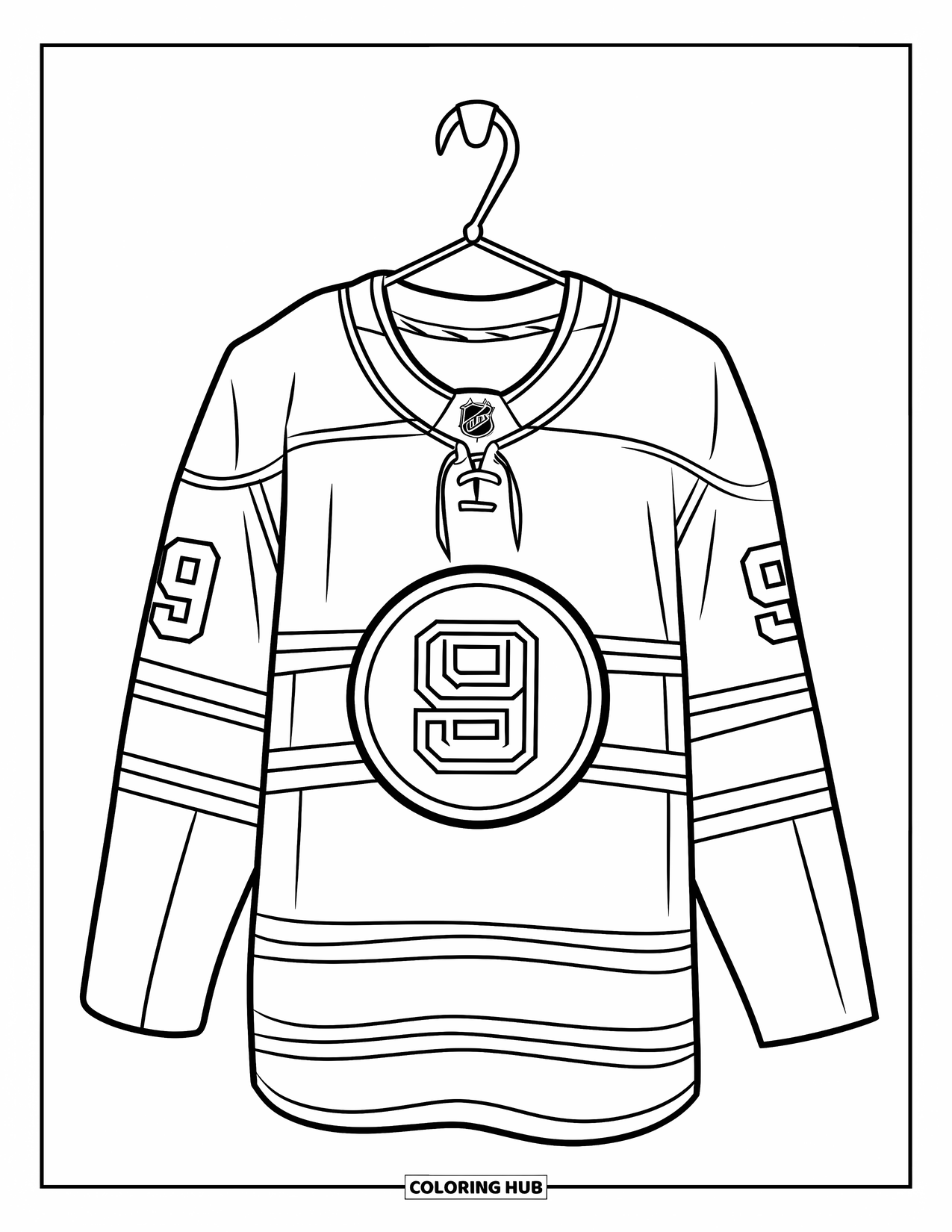 Hockey Coloring Page for Kids: A striped jersey with number 9 hangs neatly from a hook on a clean wall