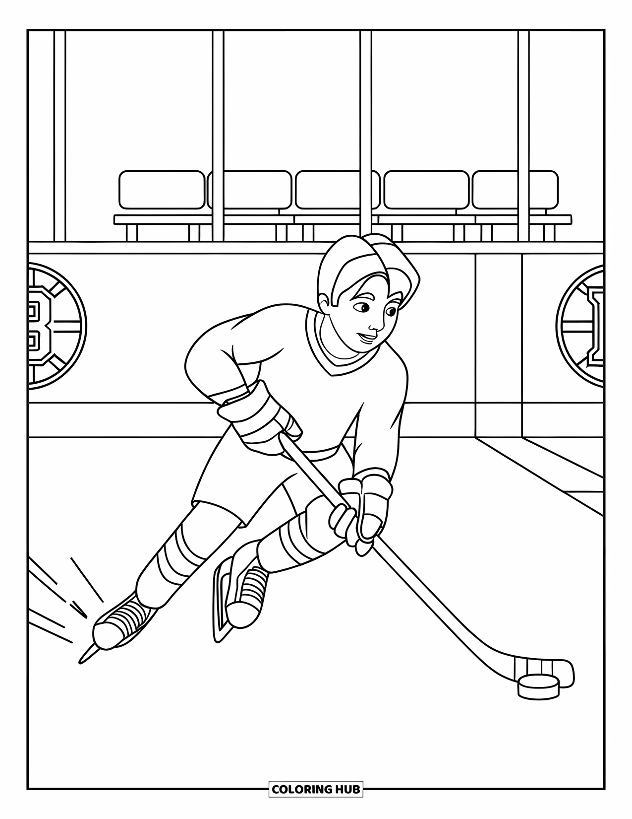 Hockey Coloring Page for Kids: A teen glides across the rink with puck control near benches and a team logo