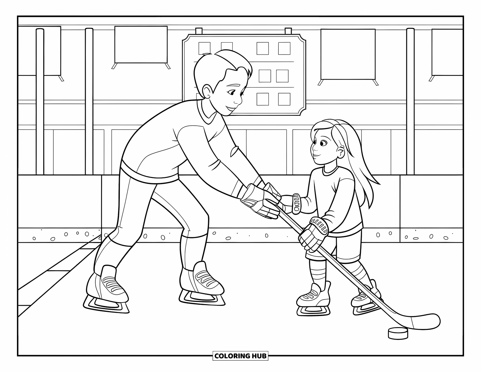 Hockey Coloring Page for Kids: A teen passes a puck to a sibling on the ice near banners and a scoreboard