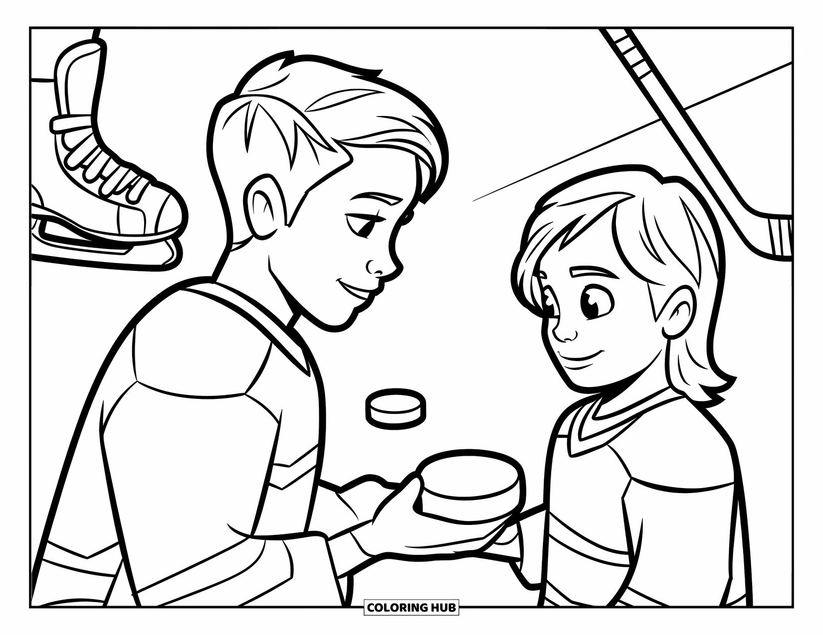 Hockey Coloring Page for Kids: A teen passes a puck to a younger sibling on the ice with skates nearby