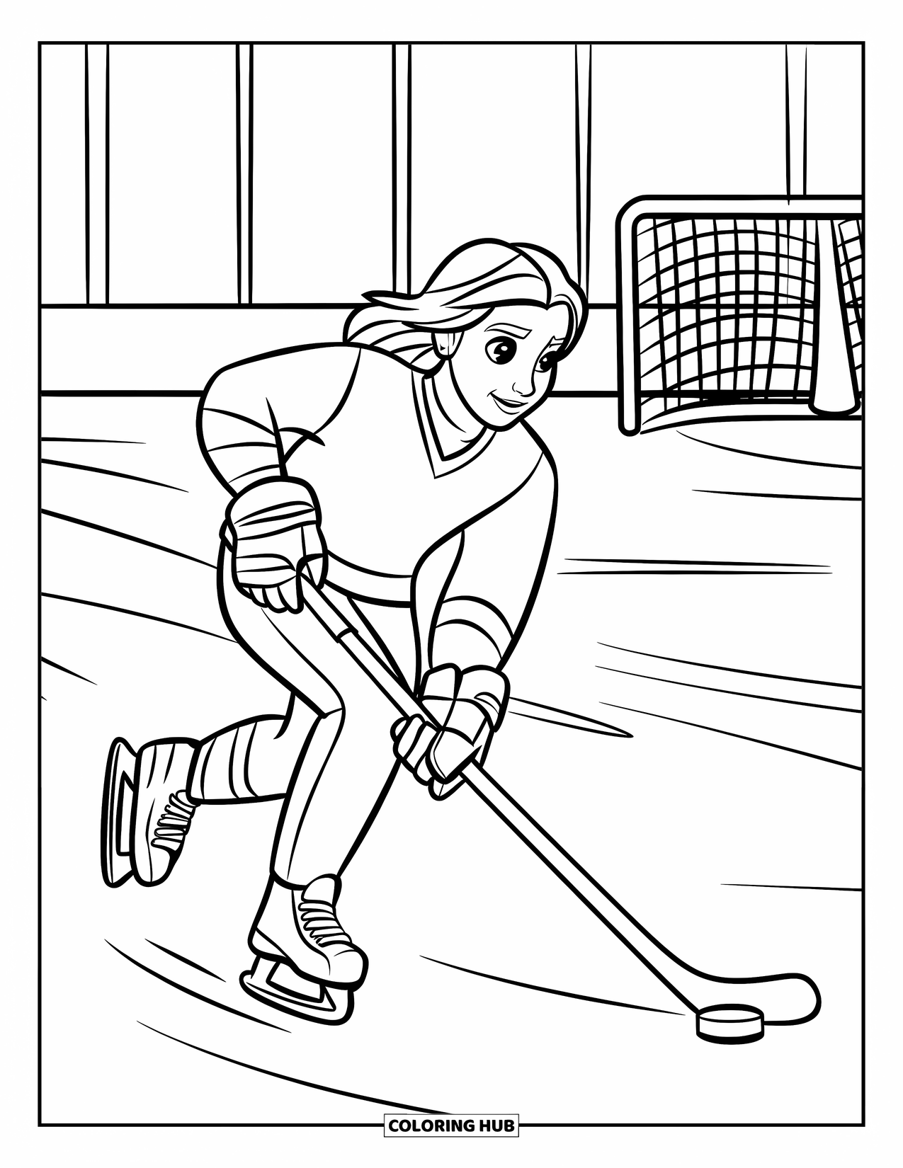 Hockey Coloring Page for Kids: A teen skates fast with the puck near boards and a goal on the rink