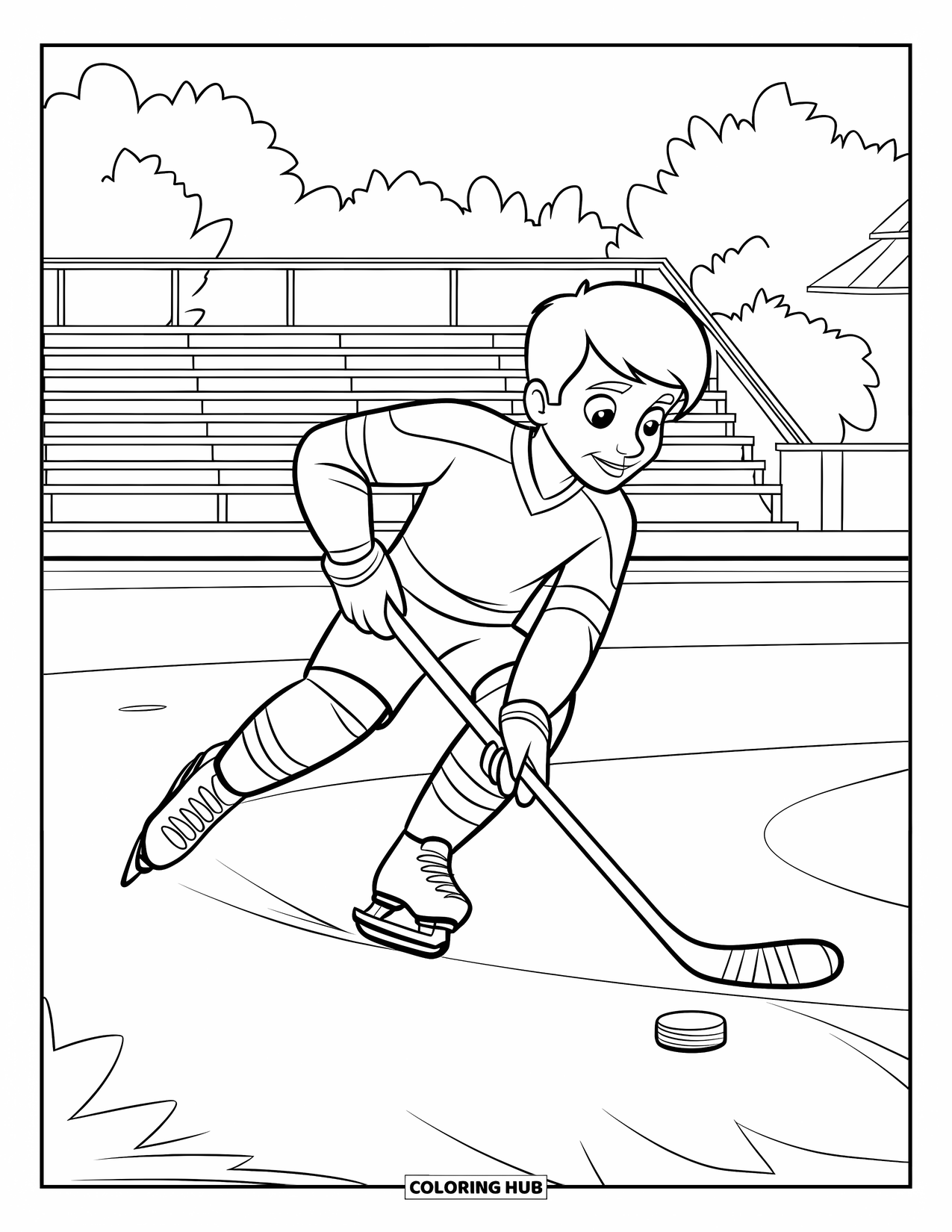 Hockey Coloring Page for Kids: A teen skates quickly with the puck near trees, bleachers, and a nearby building