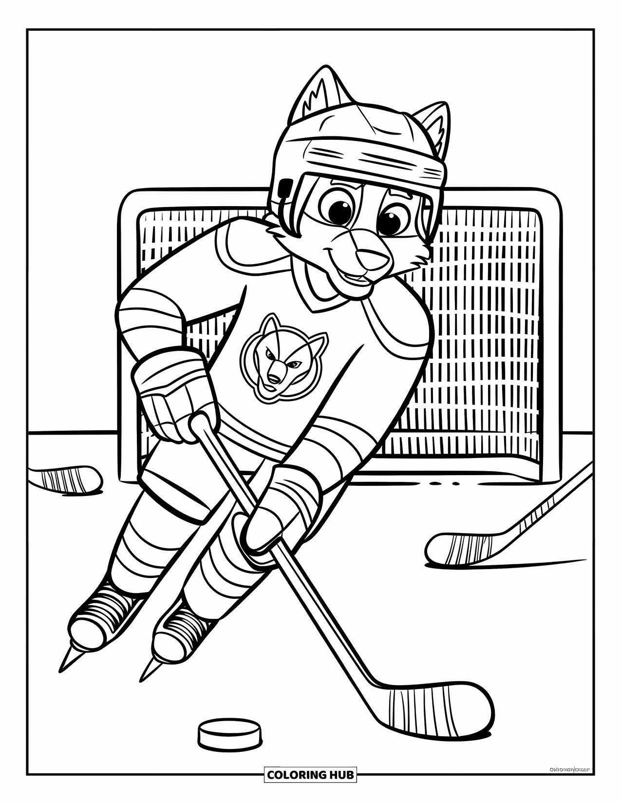 Hockey Coloring Page for Kids: A wolf in a jersey with a logo skates on snow near goalposts and scattered gear