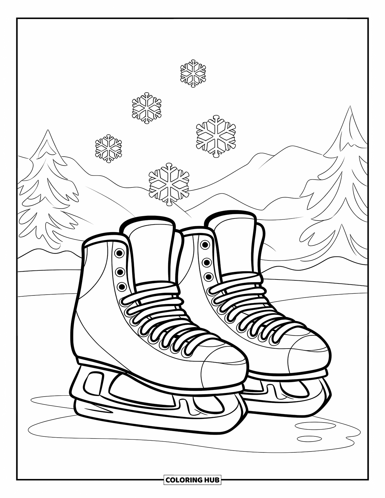 Hockey Coloring Page for Kids: Hockey skates sit in the snow as round snowflakes fall near snowy trees and mountains