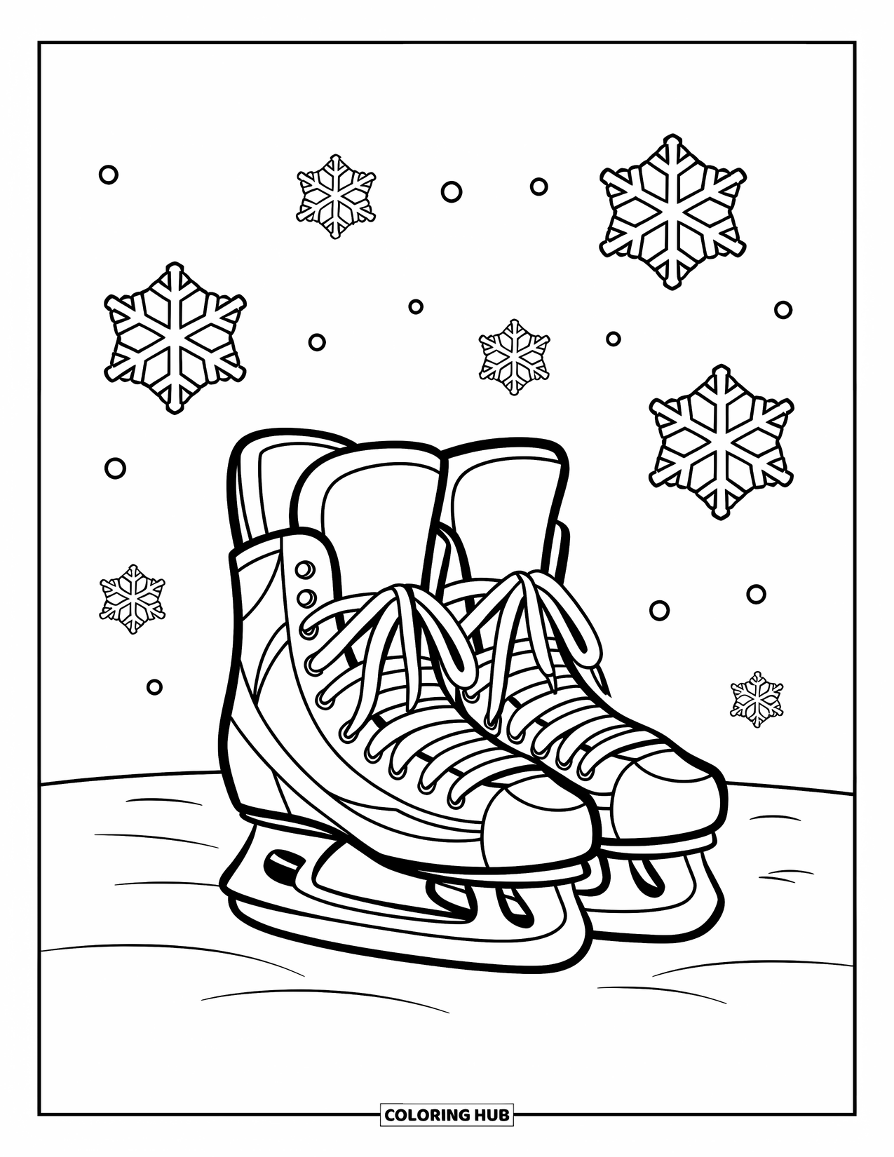Hockey Coloring Page for Kids: Hockey skates with laces sit on snow beneath simple floating snowflakes