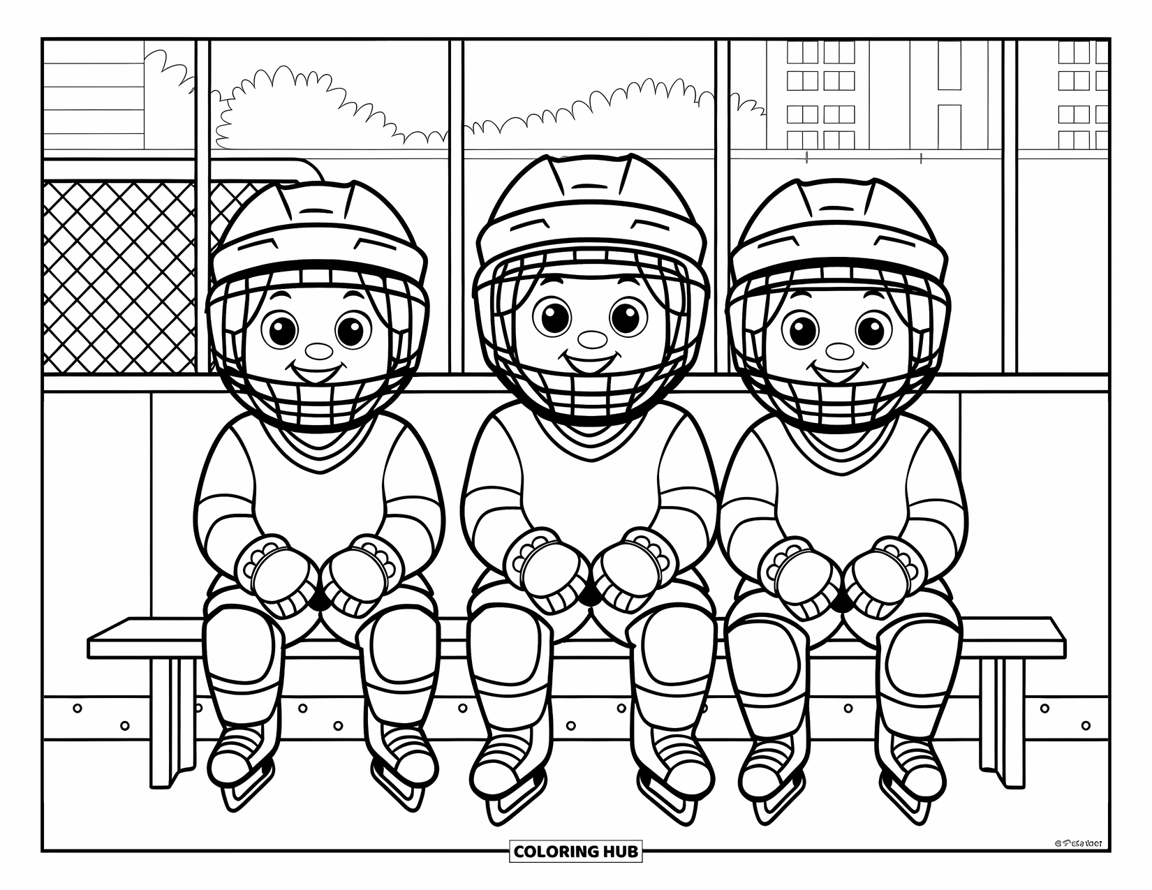 Hockey Coloring Page for Kids: Kids in helmets and jerseys sit on a bench near a rink and a net
