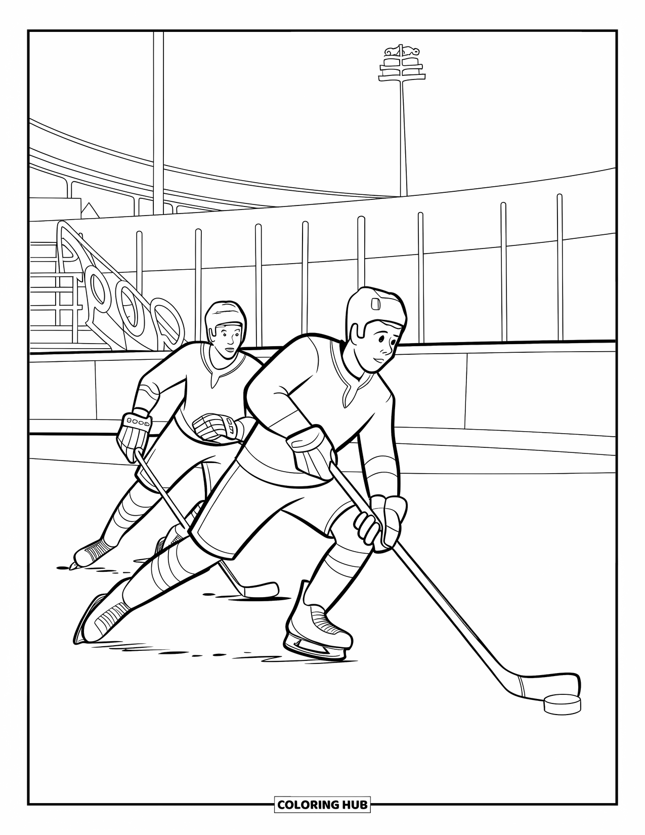 Hockey Coloring Page for Kids: One player leads the puck chase with a flag and seats in the background