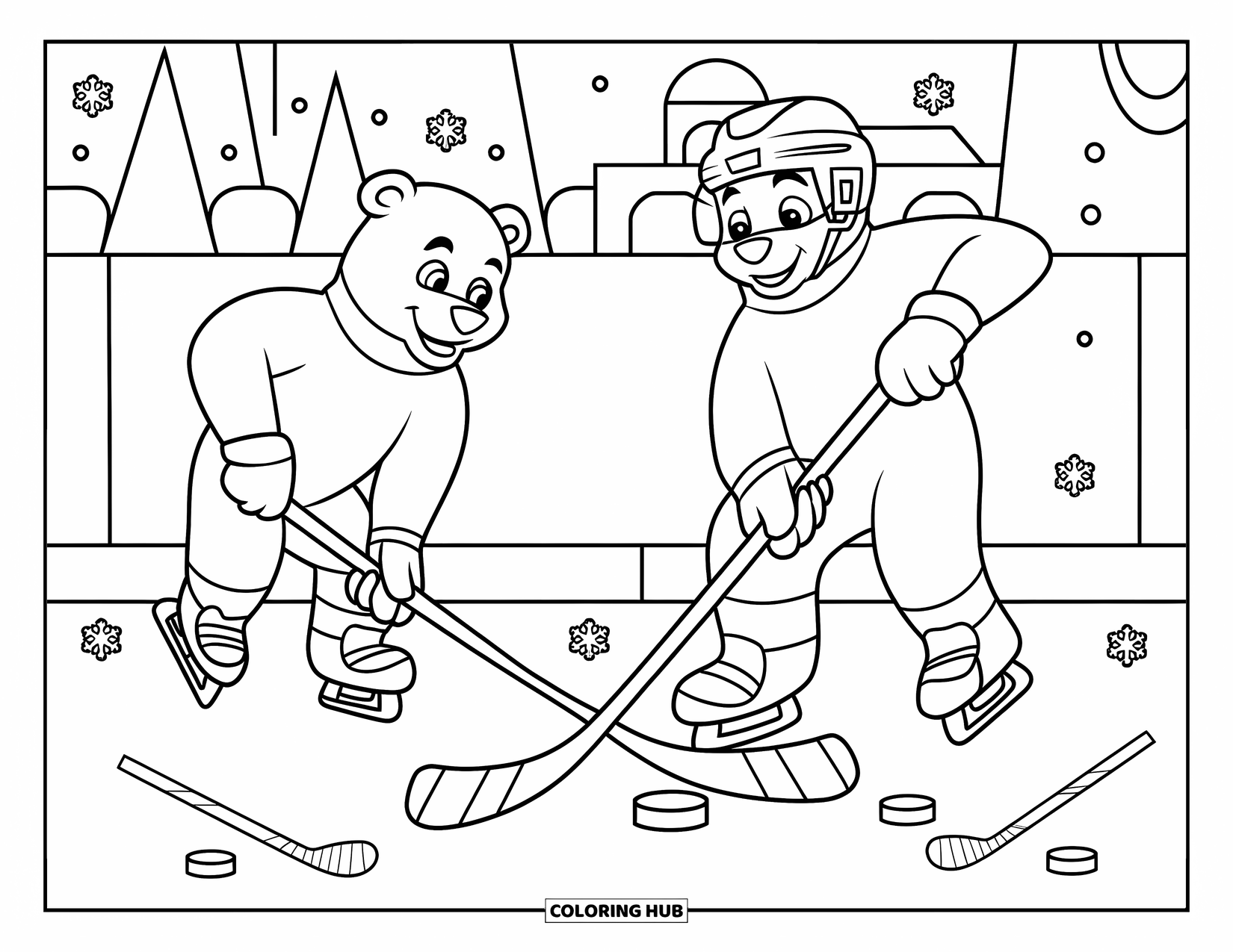 Hockey Coloring Page for Kids: Polar bears play hockey with snowflakes falling near trees, sticks, and a nearby building