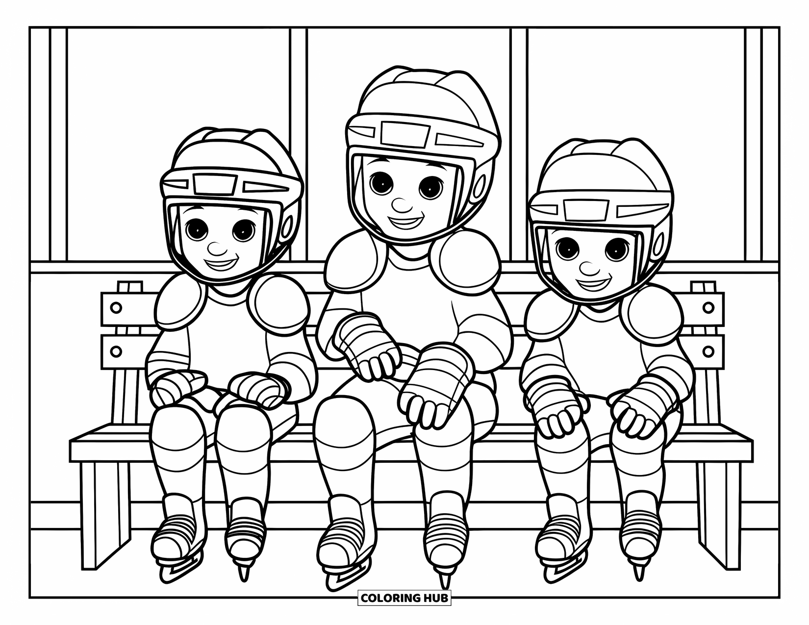 Hockey Coloring Page for Kids: Three kids sit in hockey gear near a rink, smiling and ready to play