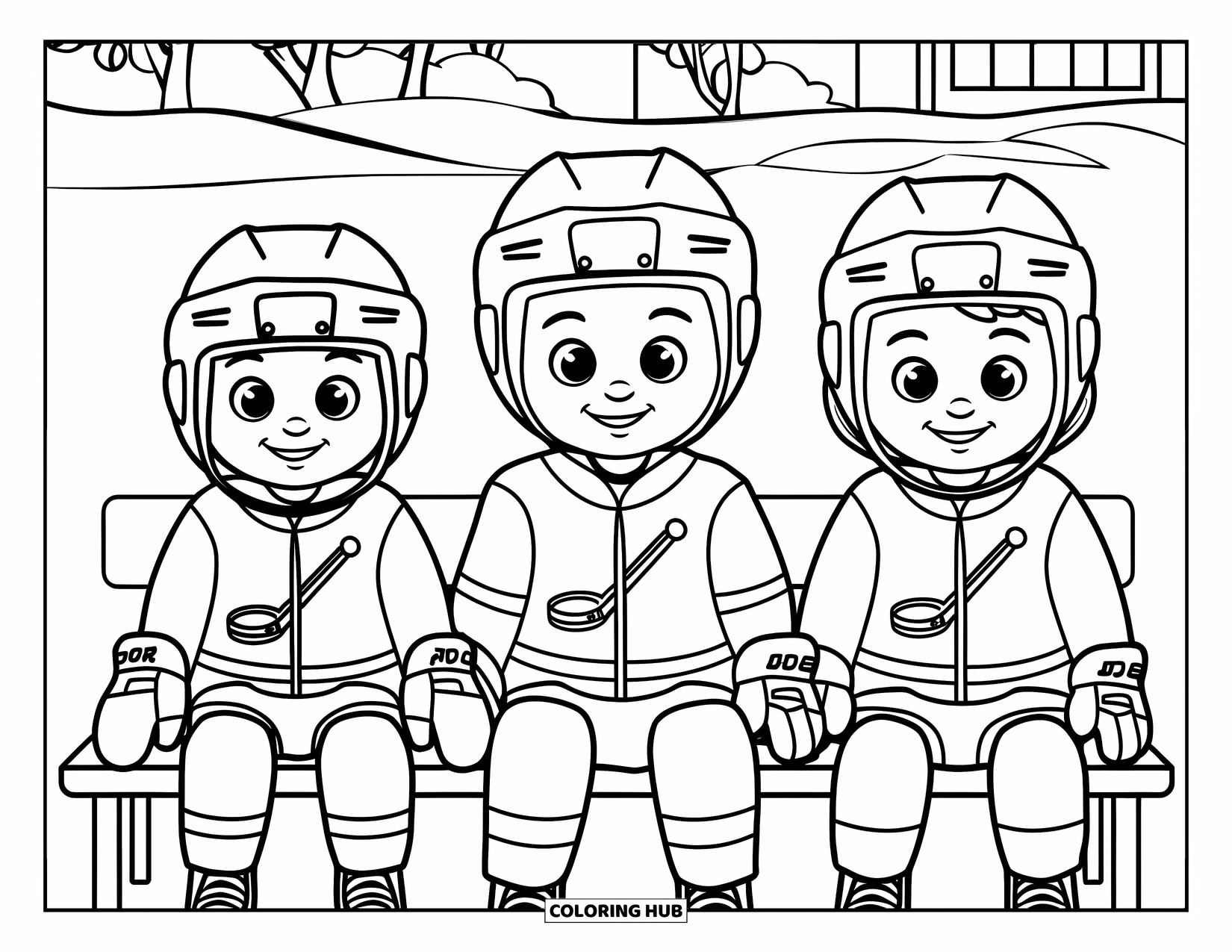 Hockey Coloring Page for Kids: Three smiling kids sit on a bench in hockey gear near snow, trees, and a building