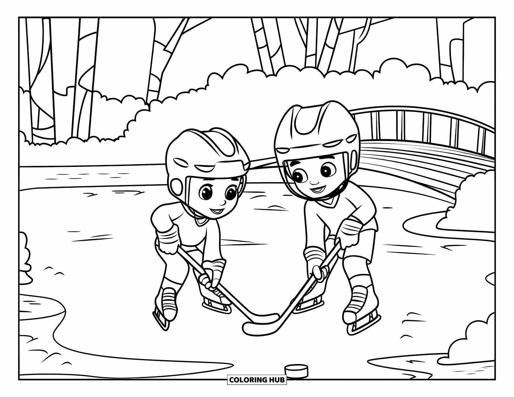 Hockey Coloring Page for Kids: Two kids play pond hockey near a wooden bridge and smooth, untouched ice