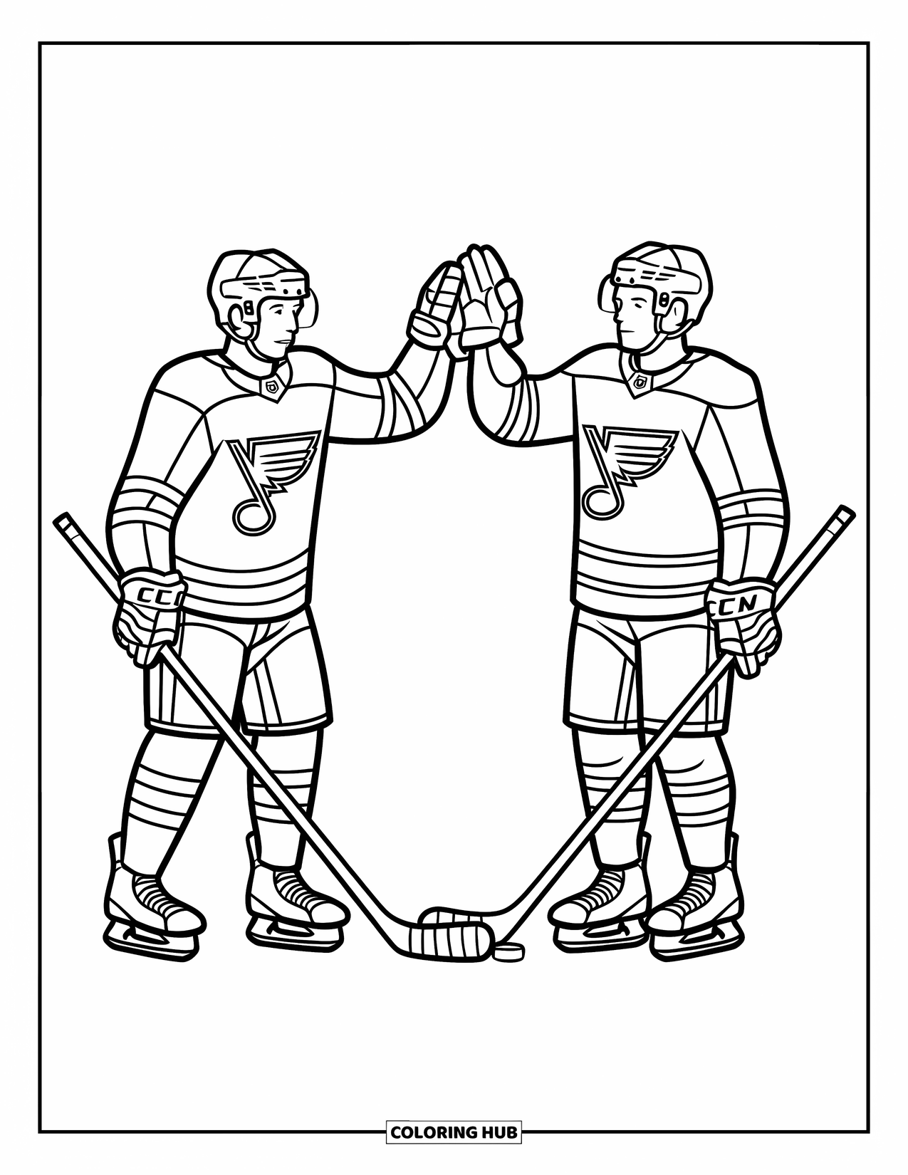 Hockey Coloring Page for Kids: Two players high-five after a goal, standing on the ice in matching helmets